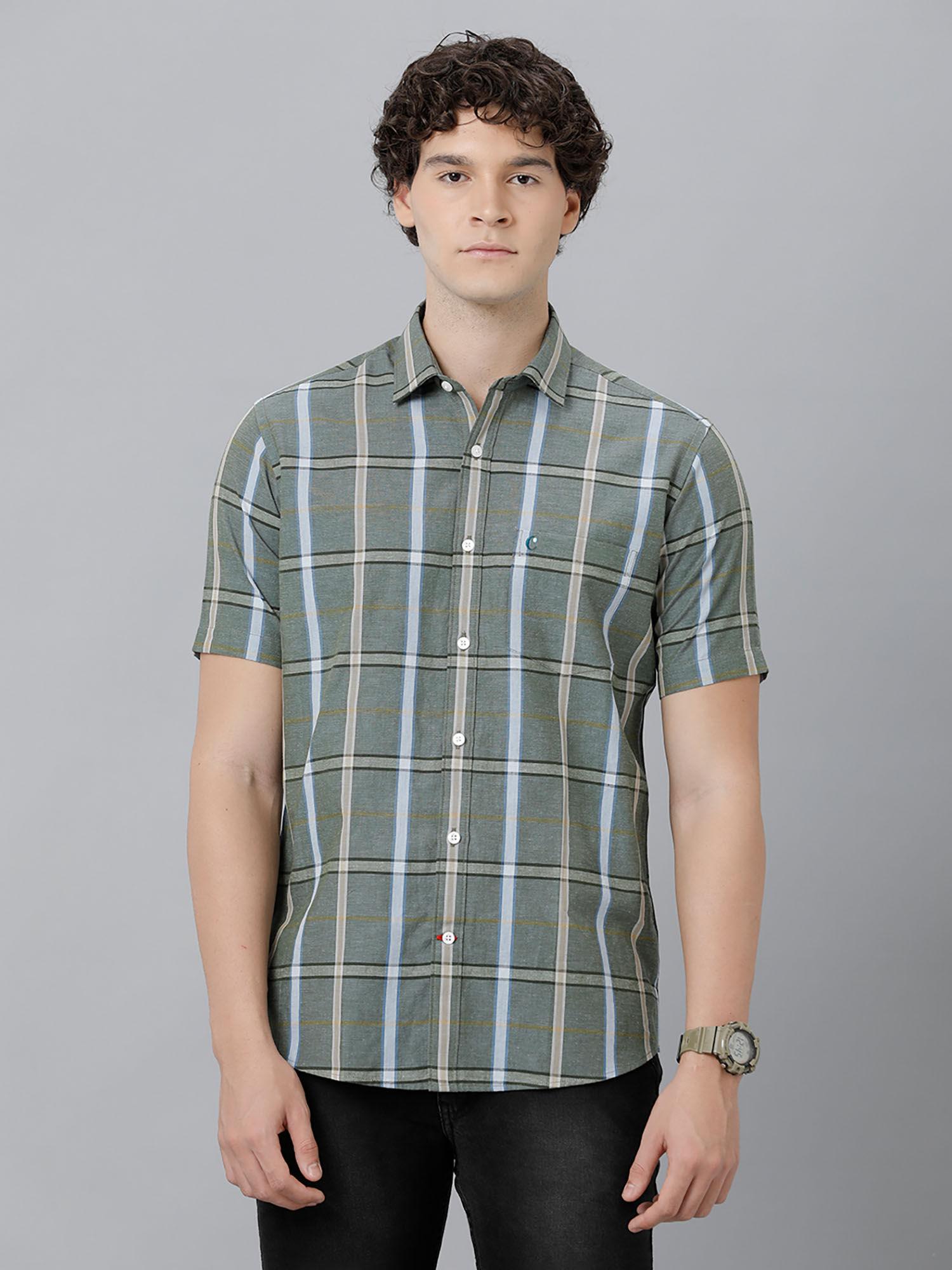 men's cotton linen green checks slim fit half sleeve casual shirt