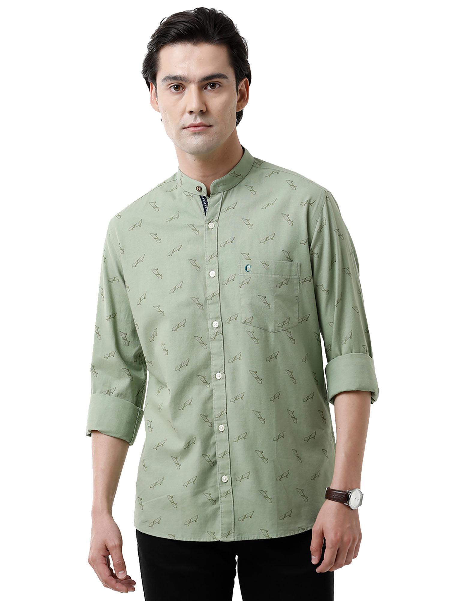 men's cotton linen green printed slim fit full sleeve casual shirt