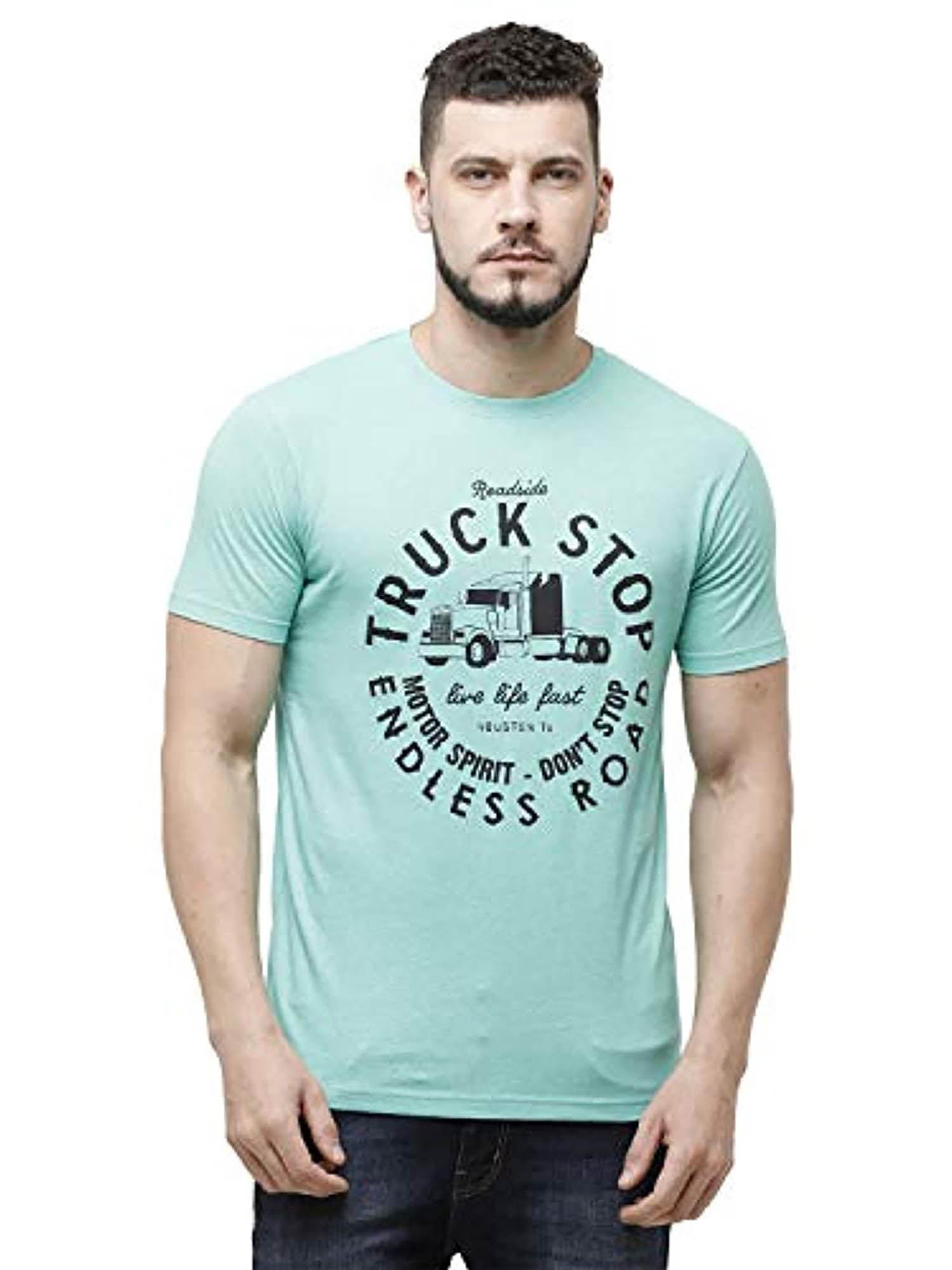 men's cotton linen green printed t-shirt