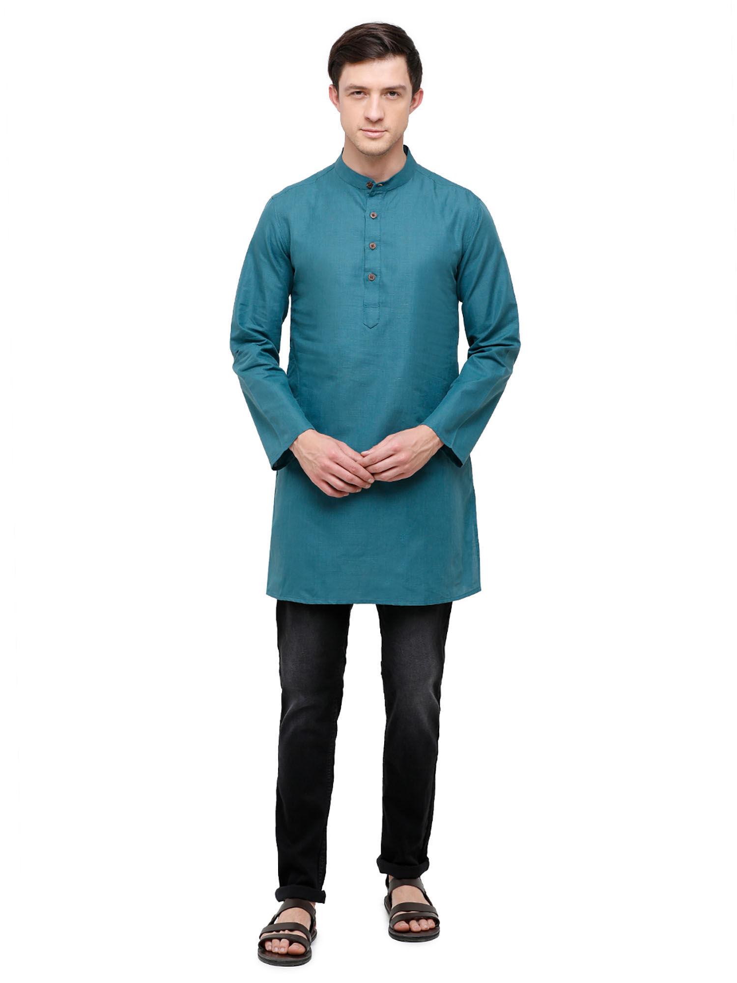 men's cotton linen green solid full sleeve kurta