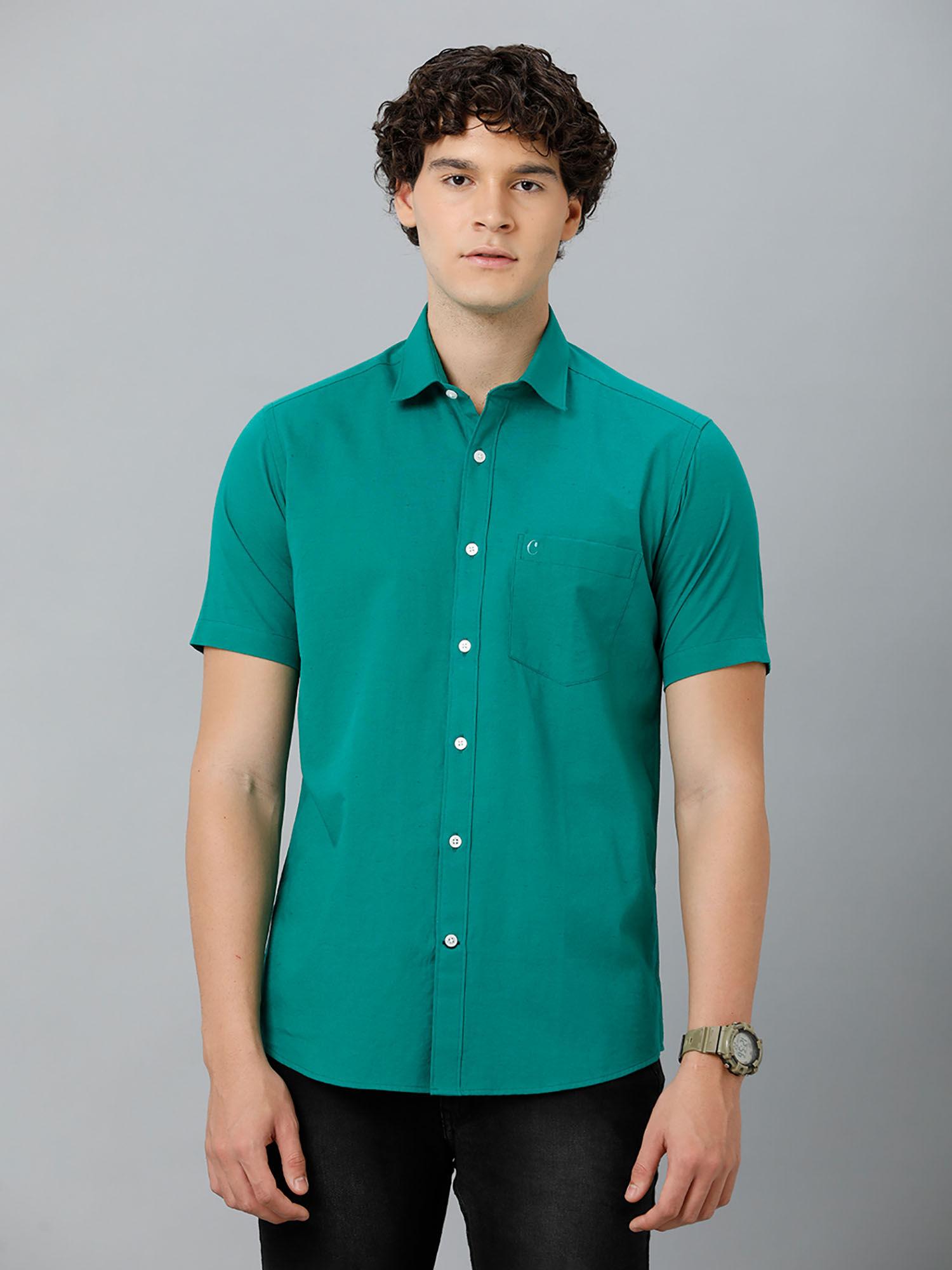 men's cotton linen green solid slim fit half sleeve casual shirt