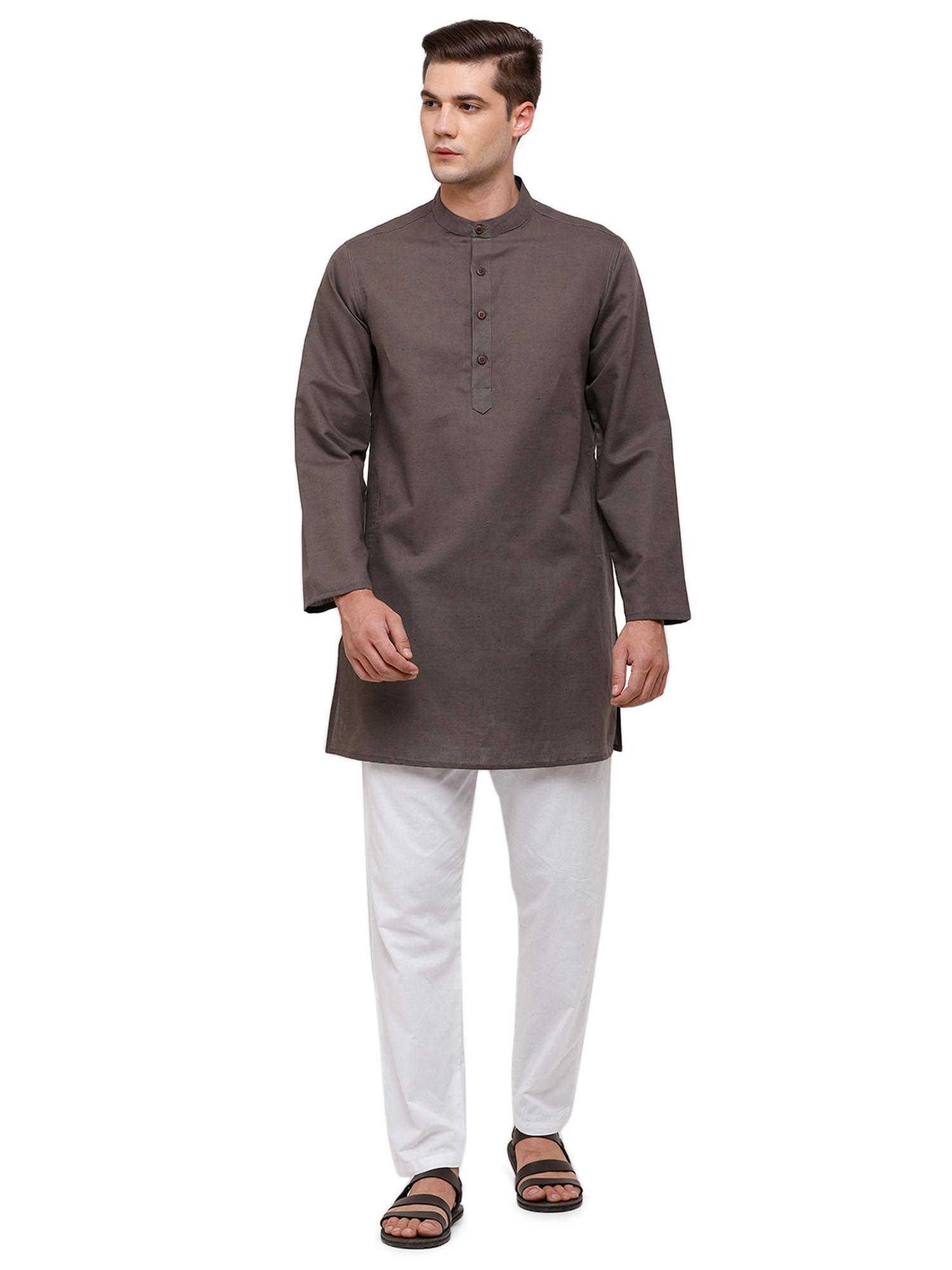 men's cotton linen grey solid full sleeve kurta