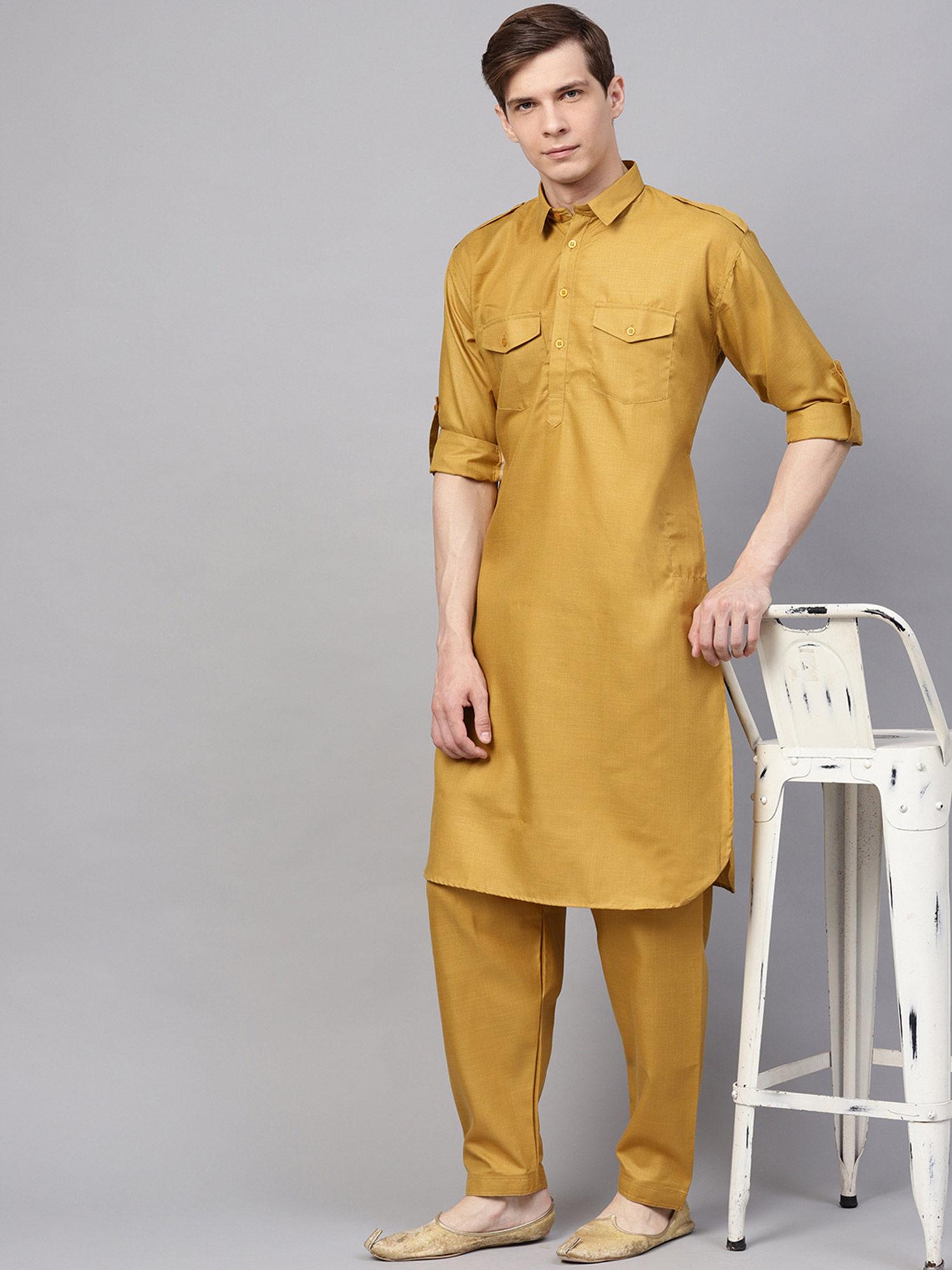 men's cotton linen mustard pathani kurta salwar set (set of 2)