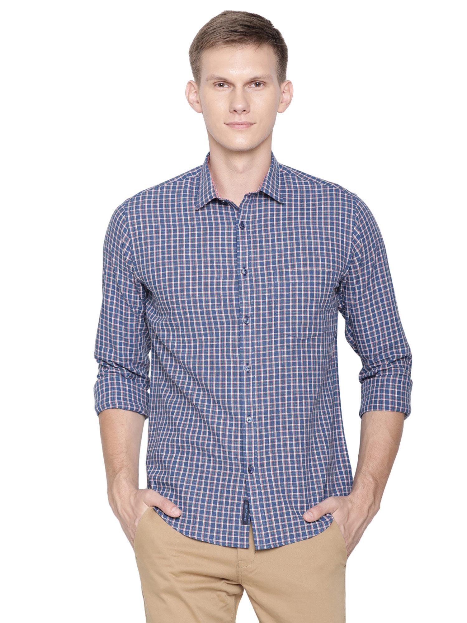men's cotton linen natural / brown checks slim fit full sleeve casual shirt