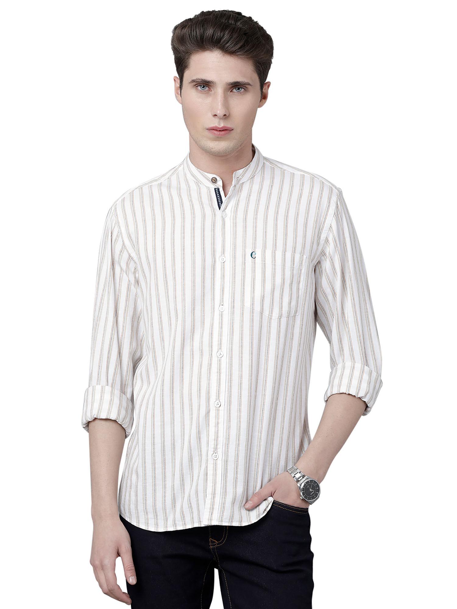 men's cotton linen natural / brown striped slim fit full sleeve casual shirt