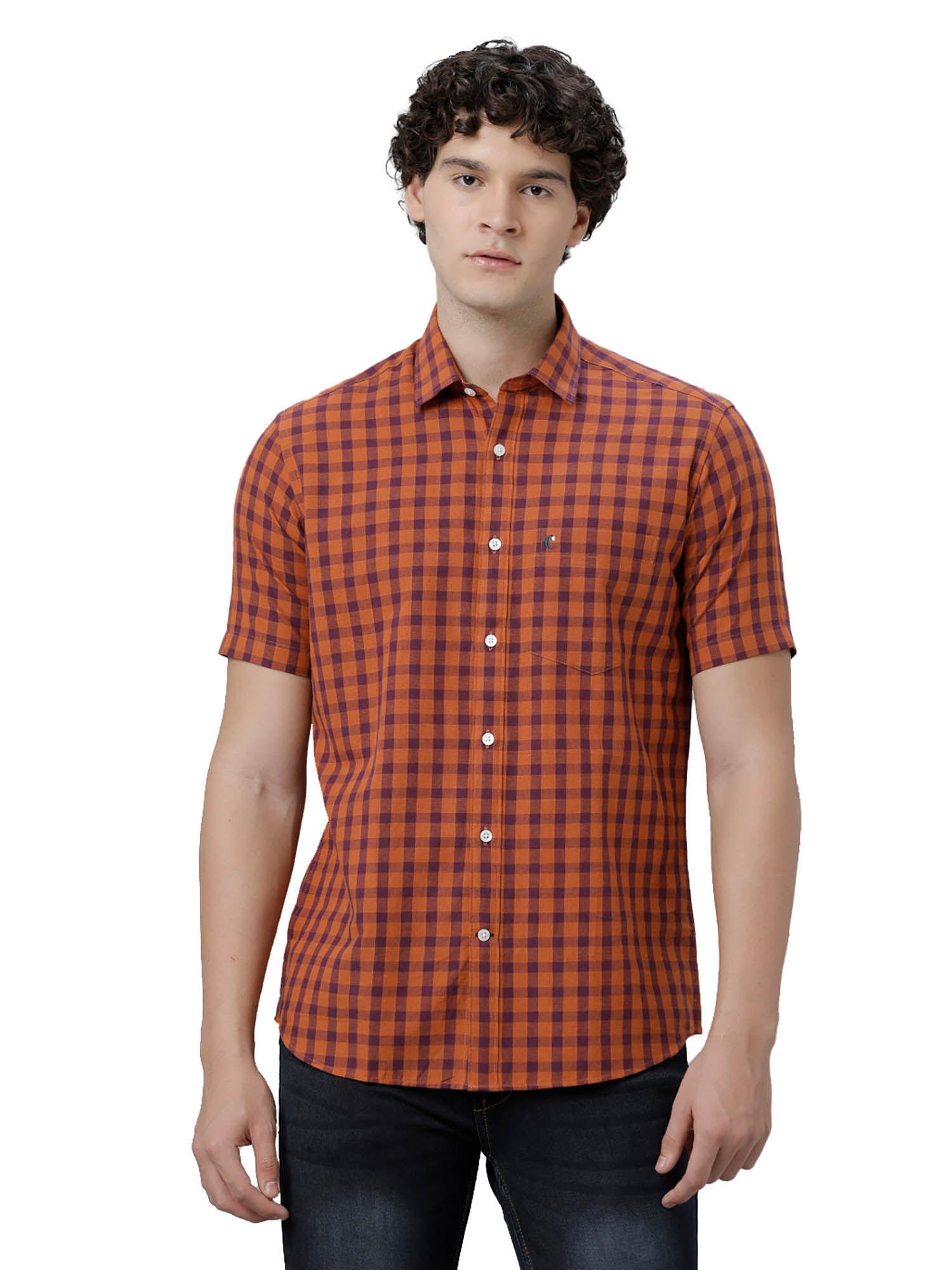 men's cotton linen orange checks slim fit half sleeve casual shirt
