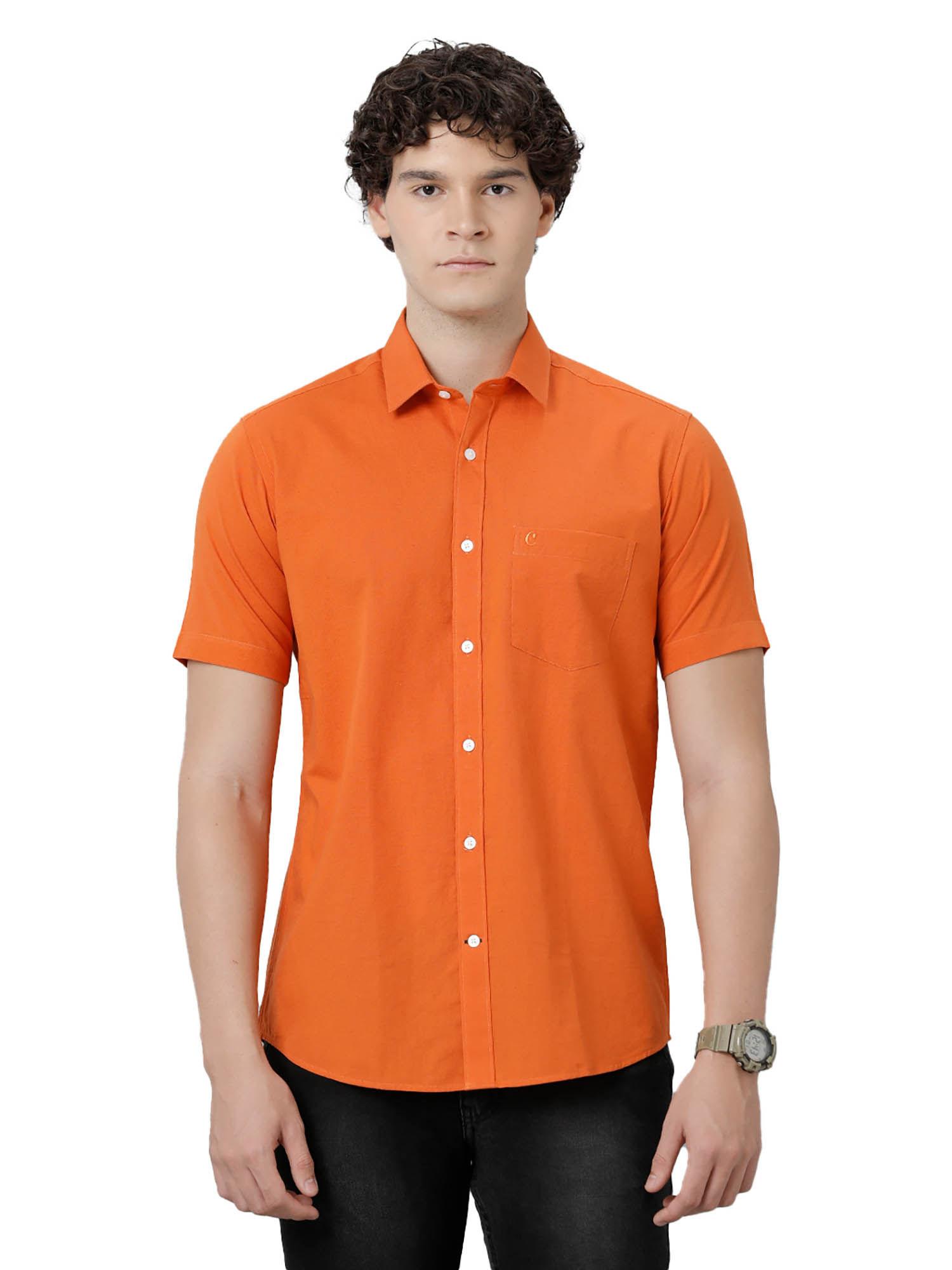 men's cotton linen orange solid slim fit half sleeve casual shirt