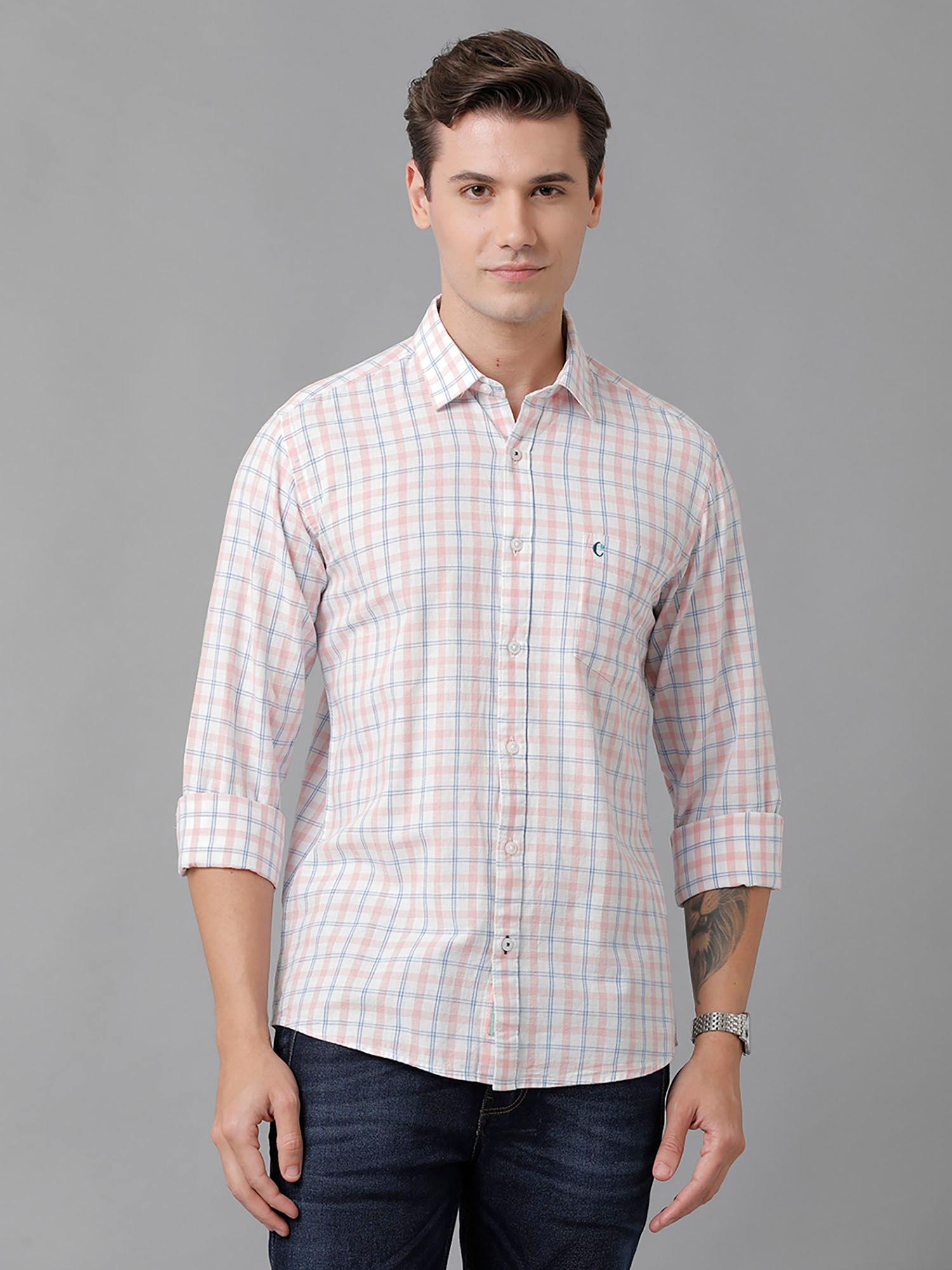 men's cotton linen pink checks slim fit full sleeve casual shirt
