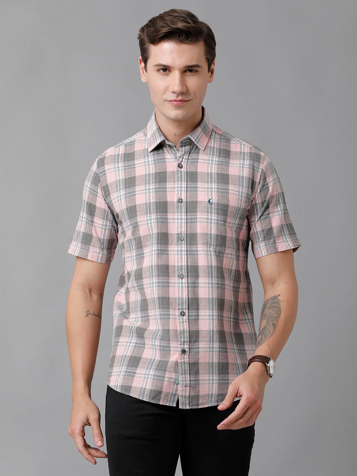 men's cotton linen pink checks slim fit half sleeve casual shirt