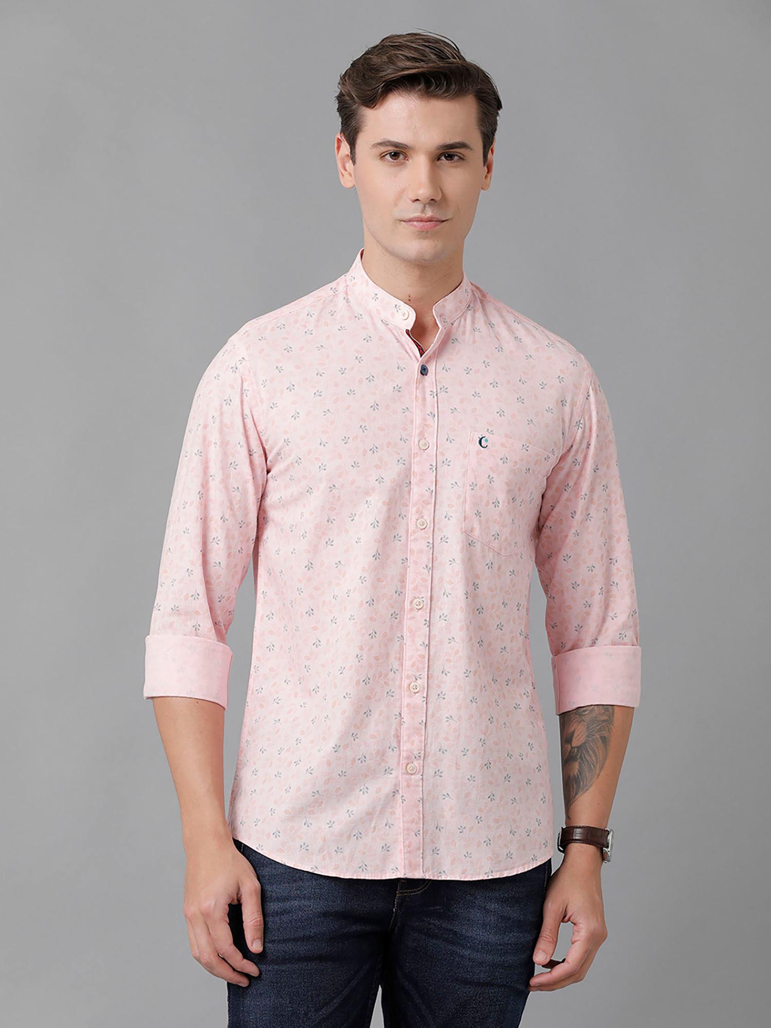 men's cotton linen pink printed slim fit full sleeve casual shirt