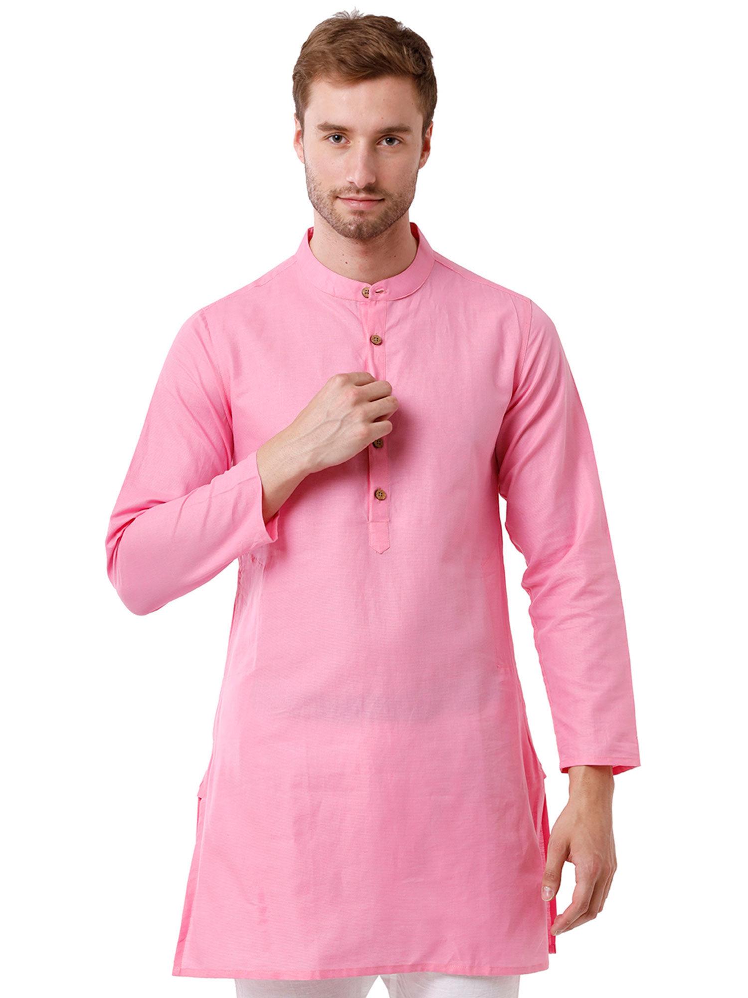 men's cotton linen pink solid full sleeve kurta