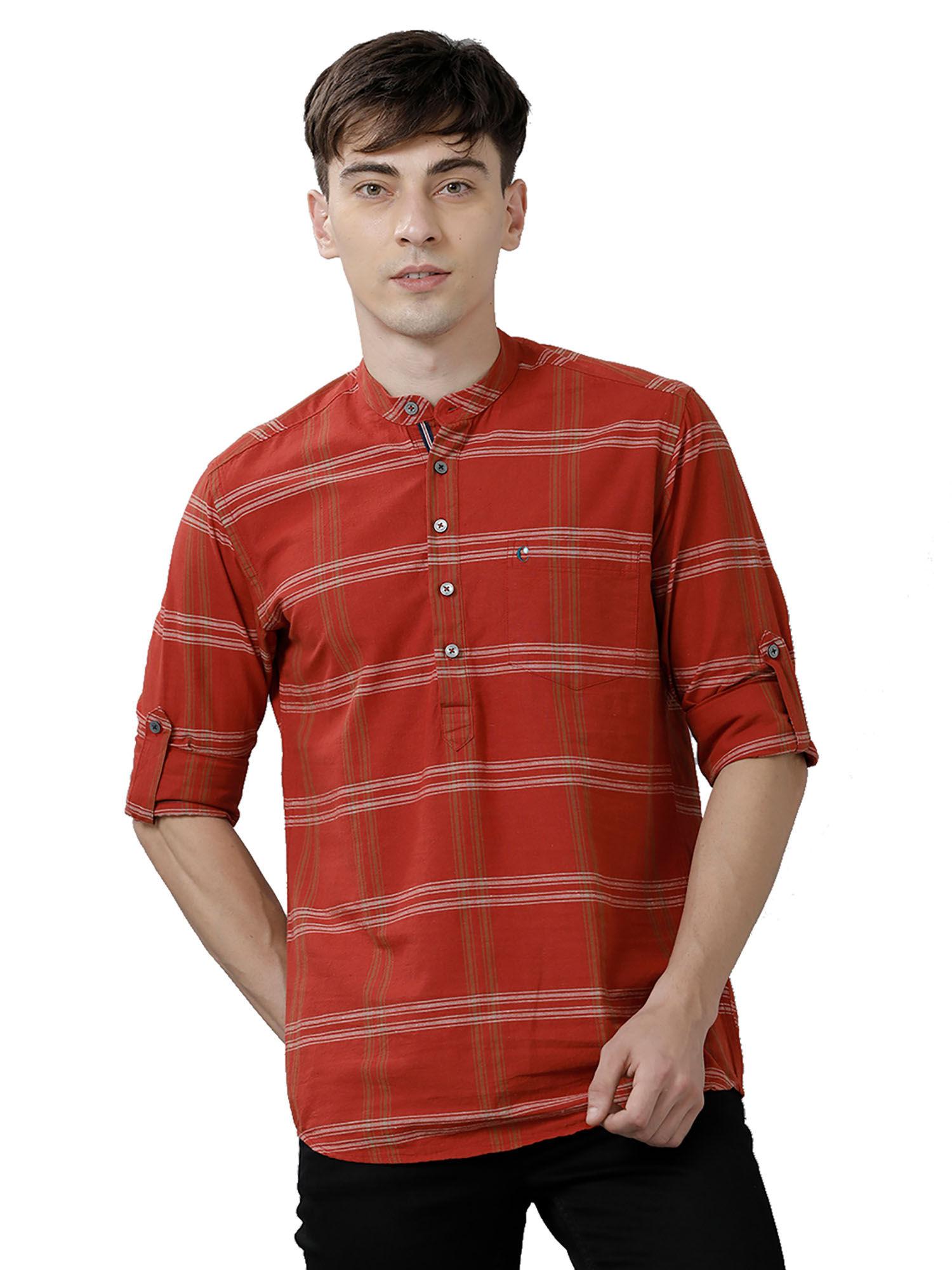 men's cotton linen red checks slim fit full sleeve casual shirt