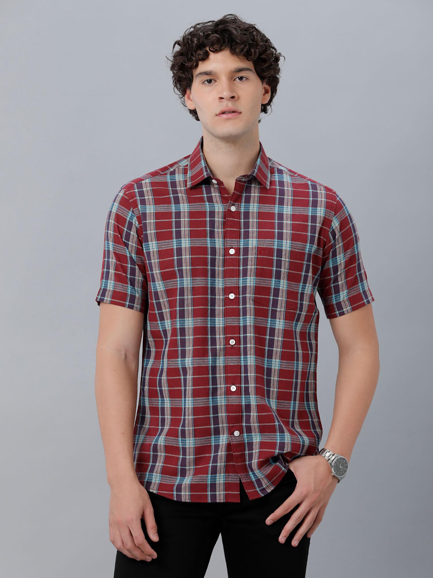 men's cotton linen red checks slim fit half sleeve casual shirt