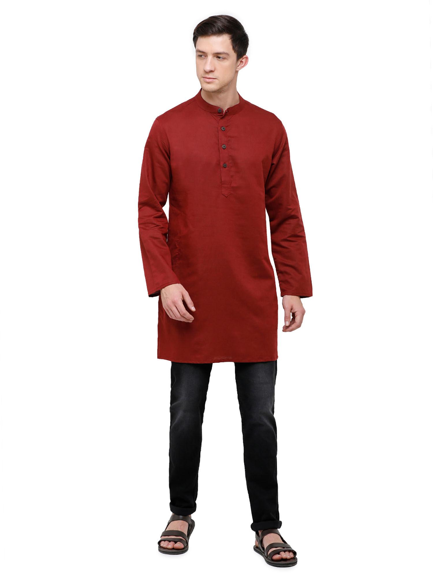 men's cotton linen red solid full sleeve kurta