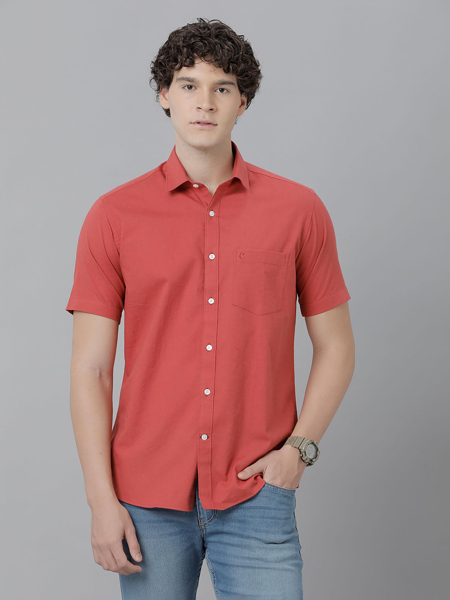 men's cotton linen red solid slim fit half sleeve casual shirt
