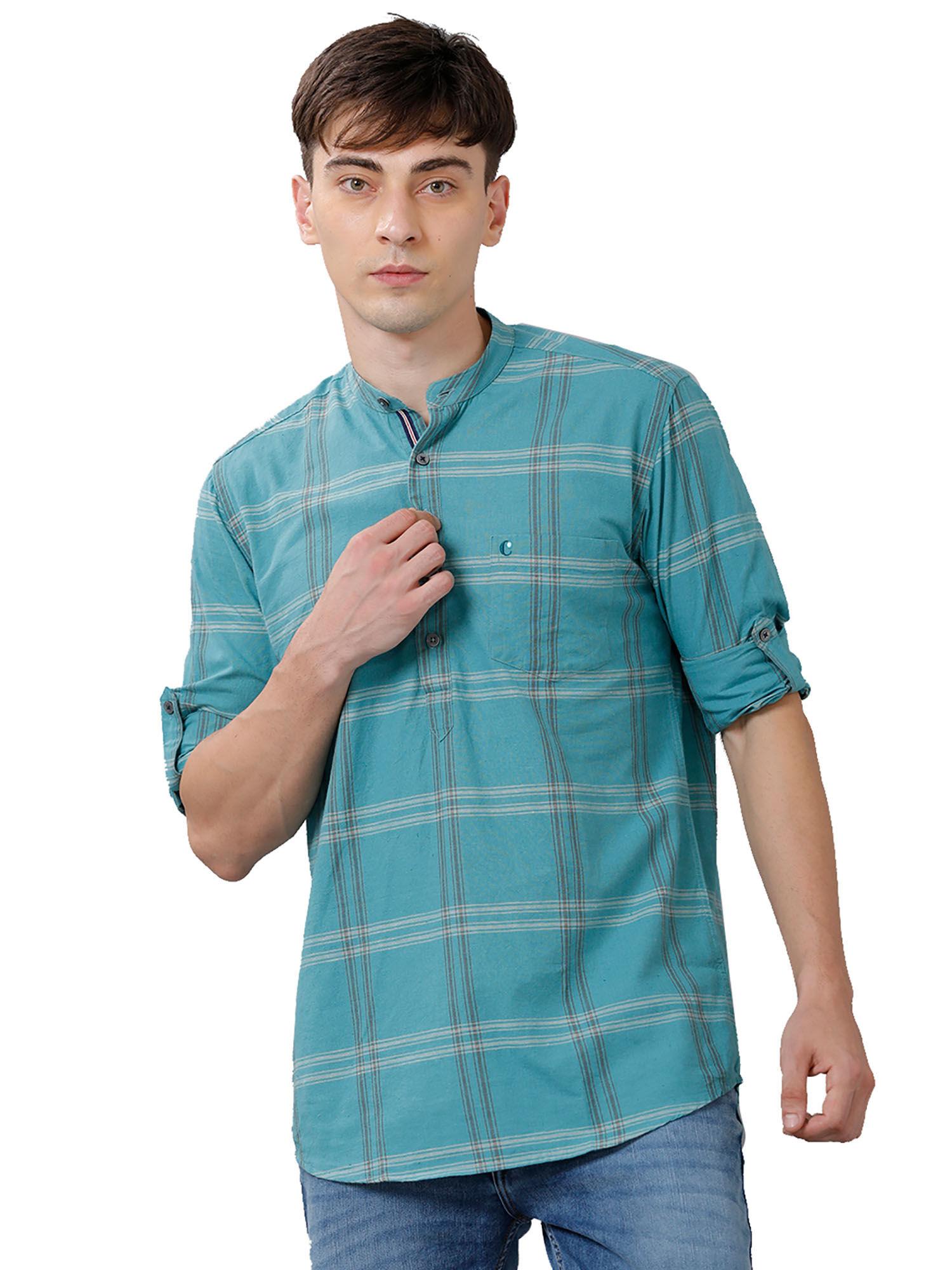 men's cotton linen turquoise blue checks slim fit full sleeve casual shirt