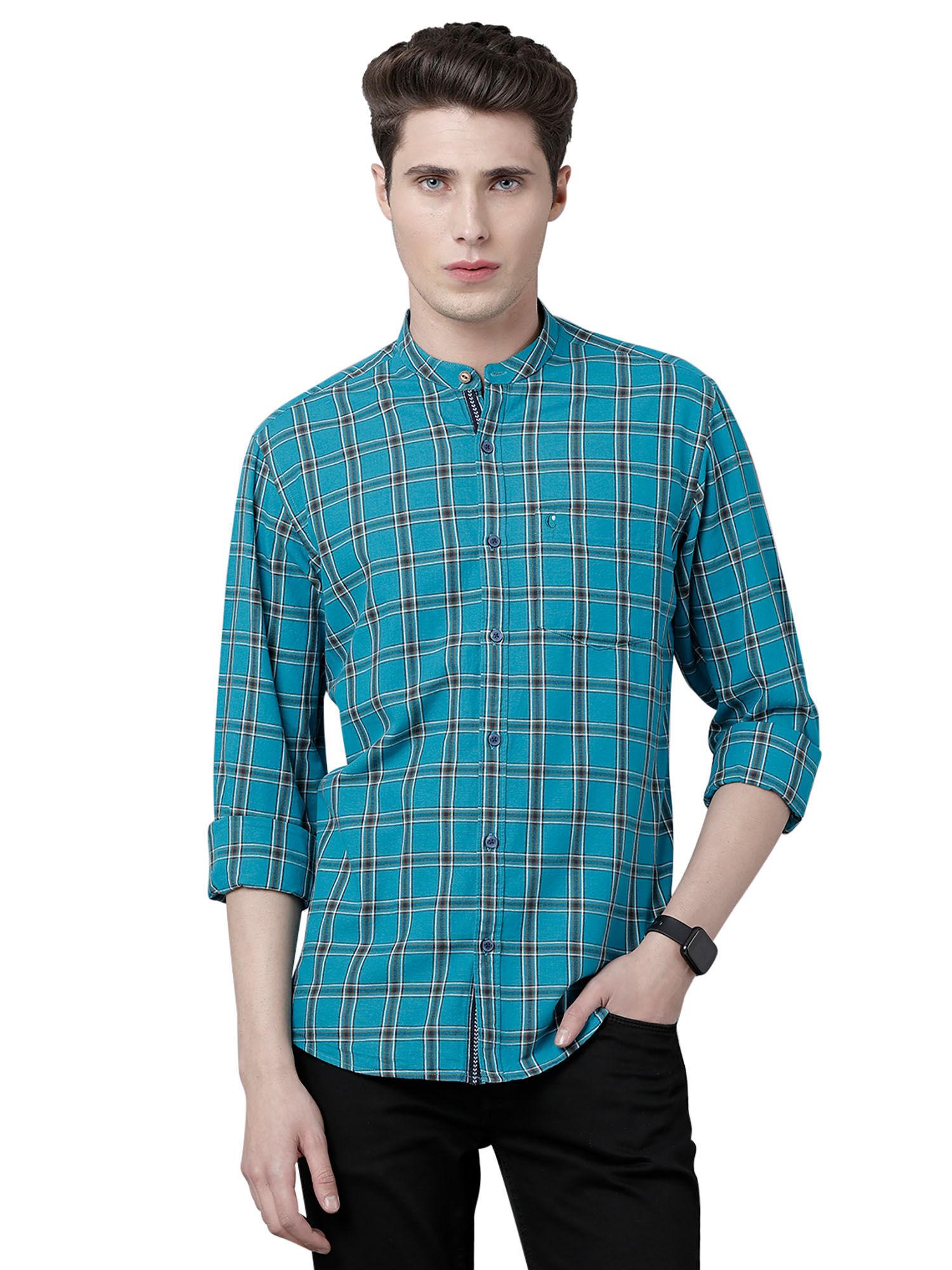 men's cotton linen turquoise blue checks slim fit full sleeve casual shirt