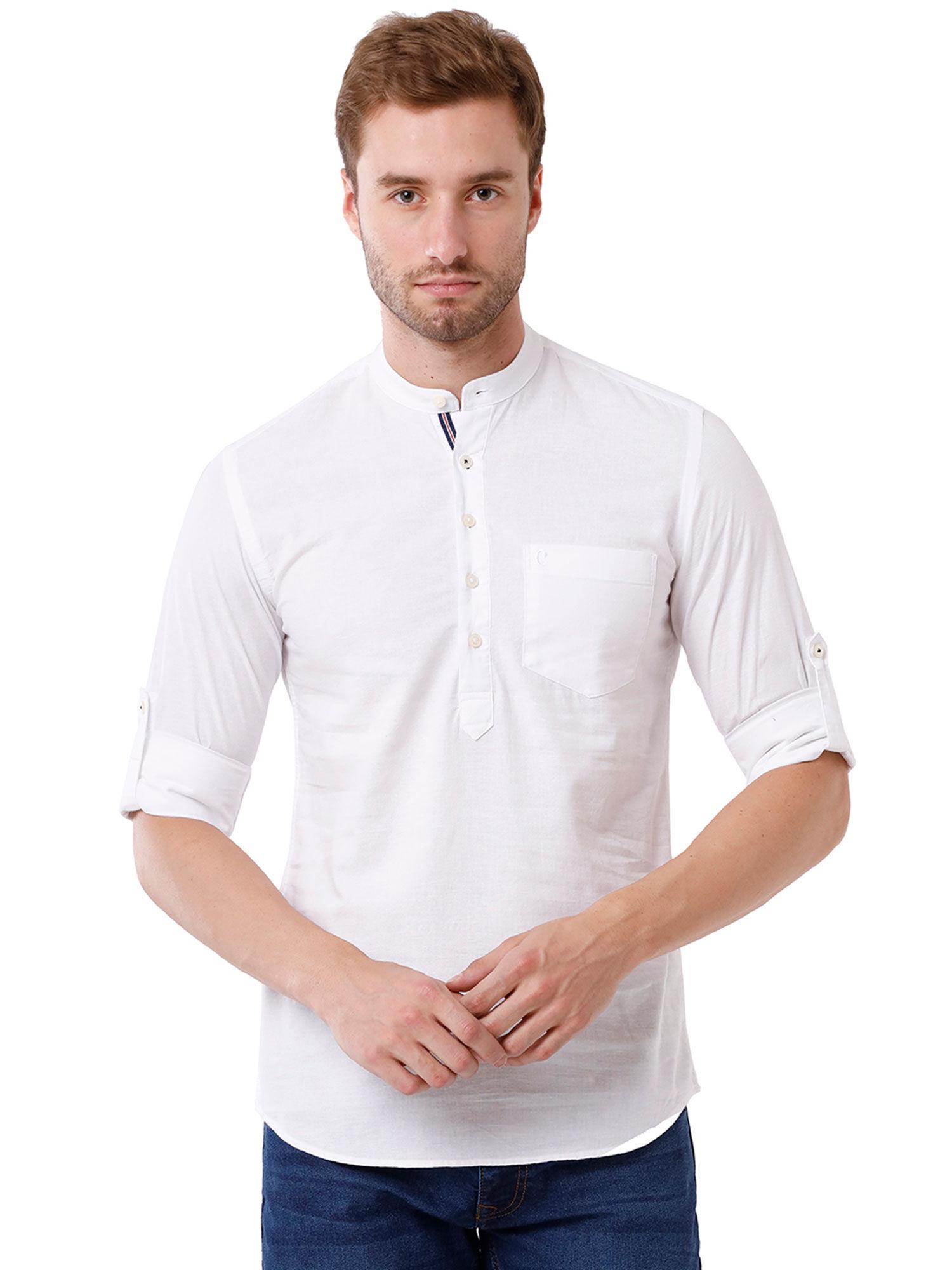 men's cotton linen white solid slim fit full sleeve casual shirt