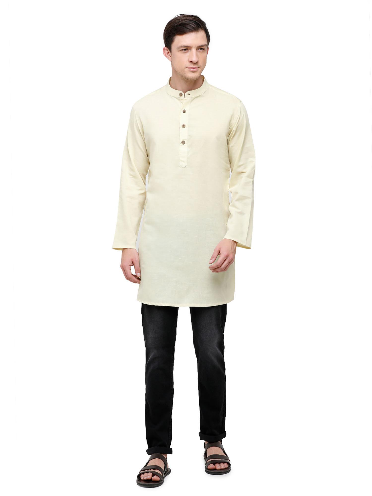 men's cotton linen yellow solid full sleeve kurta