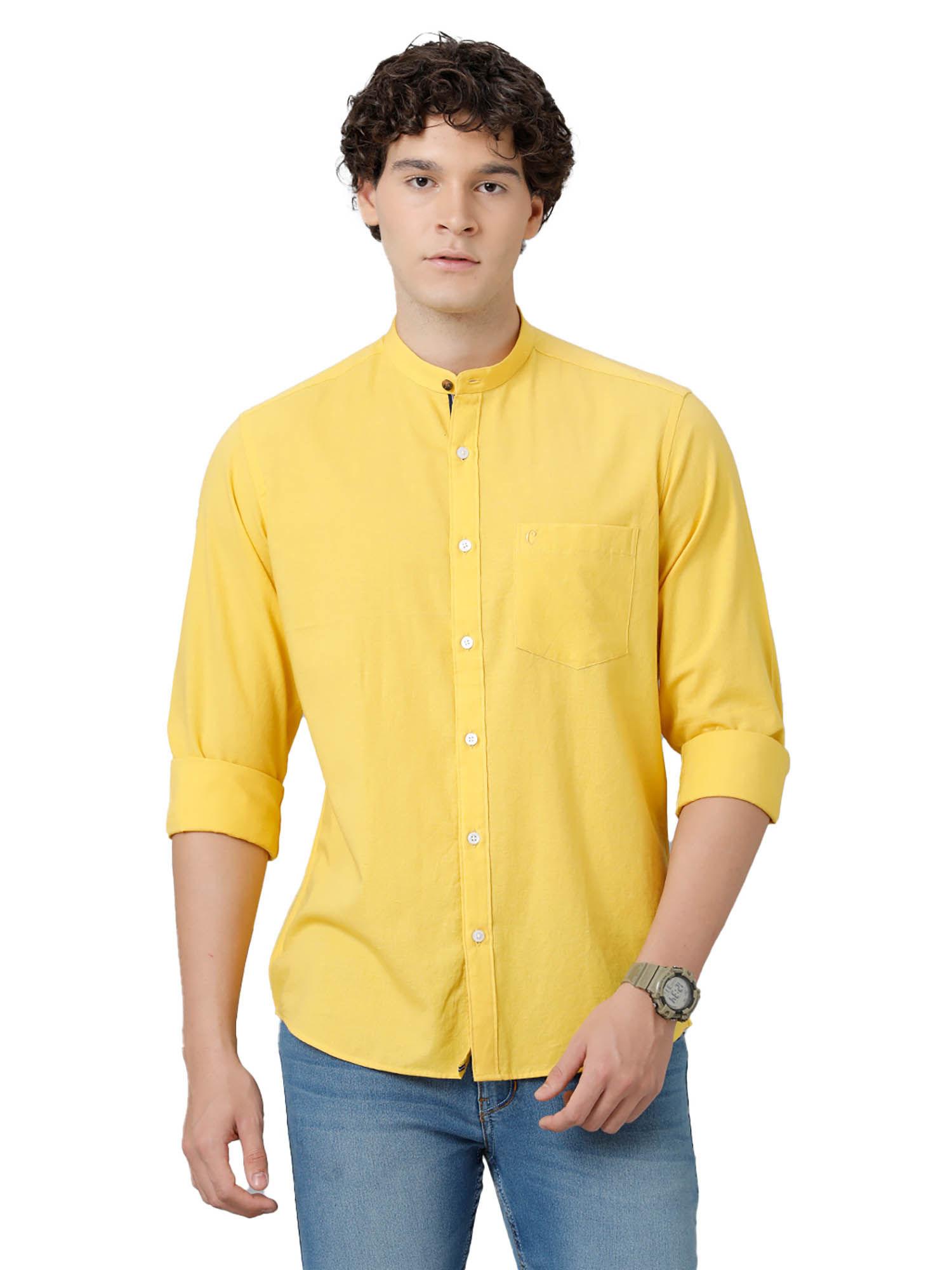 men's cotton linen yellow solid slim fit full sleeve casual shirt