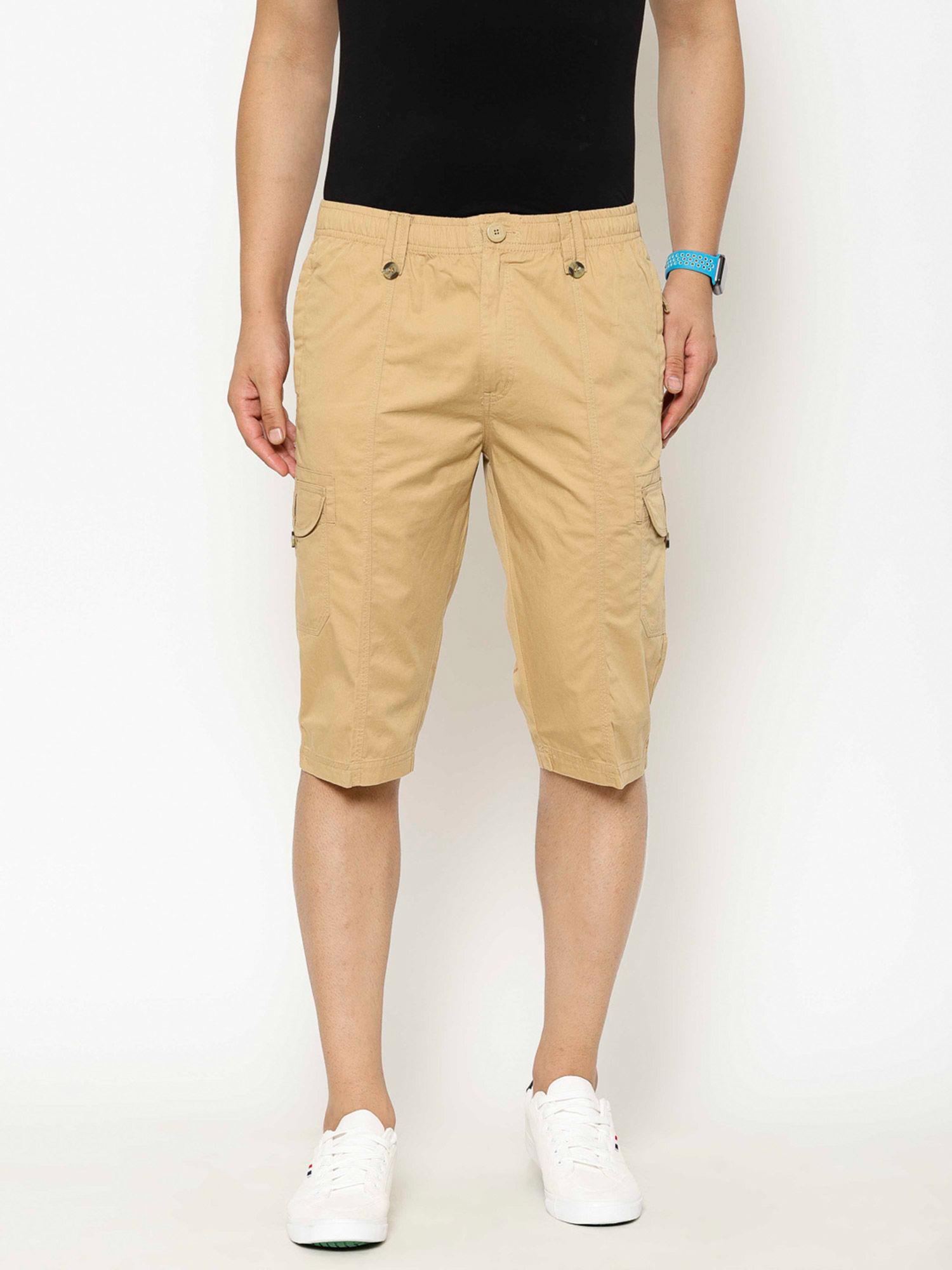 men's cotton mustard regular-fit solid three fourth shorts