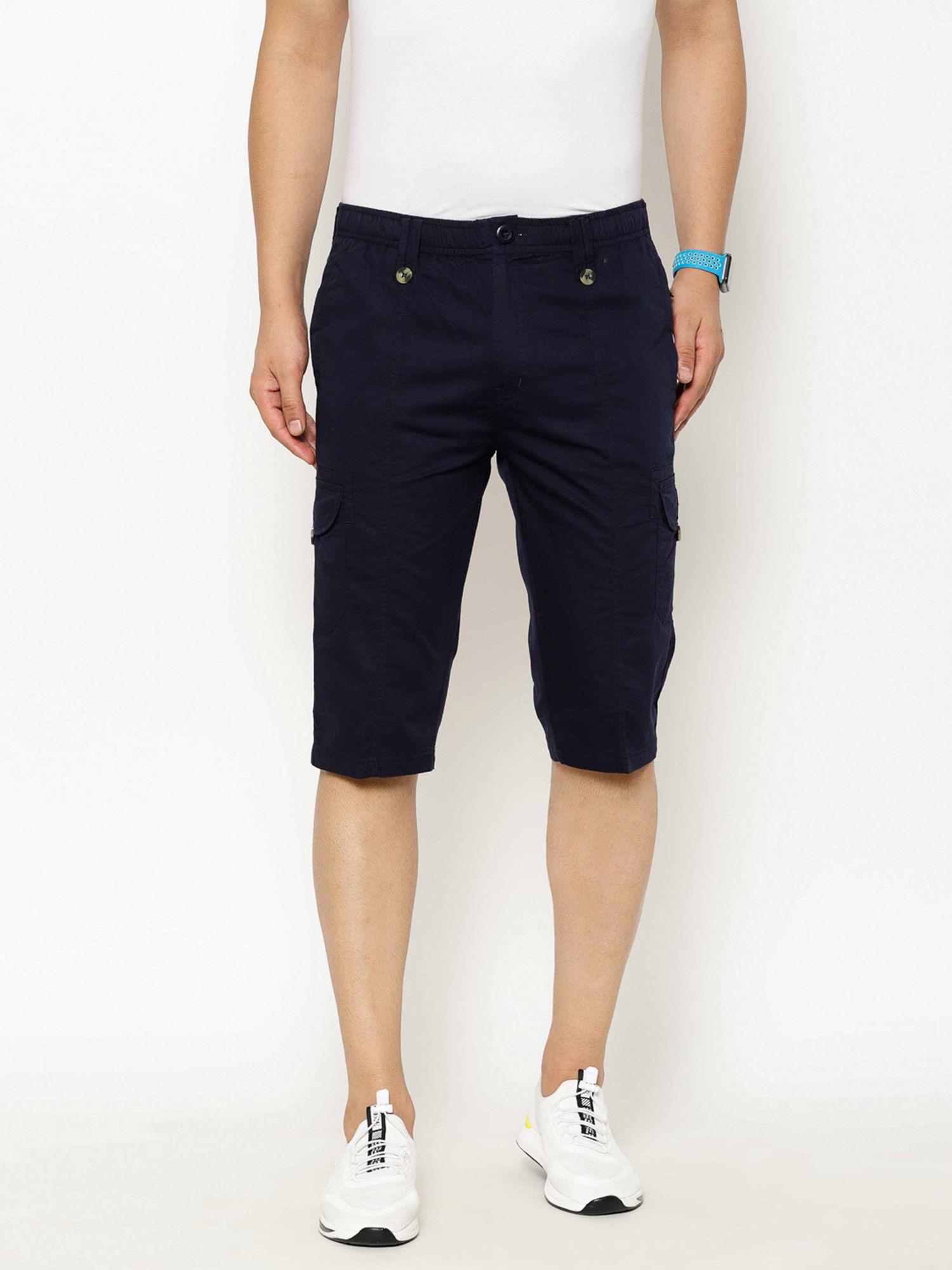 men's cotton navy blue regular-fit solid three fourth shorts