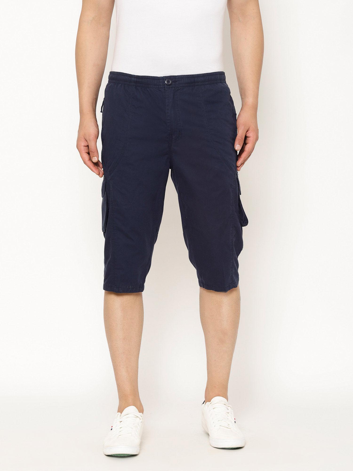 men's cotton navy blue solid slim-fit shorts