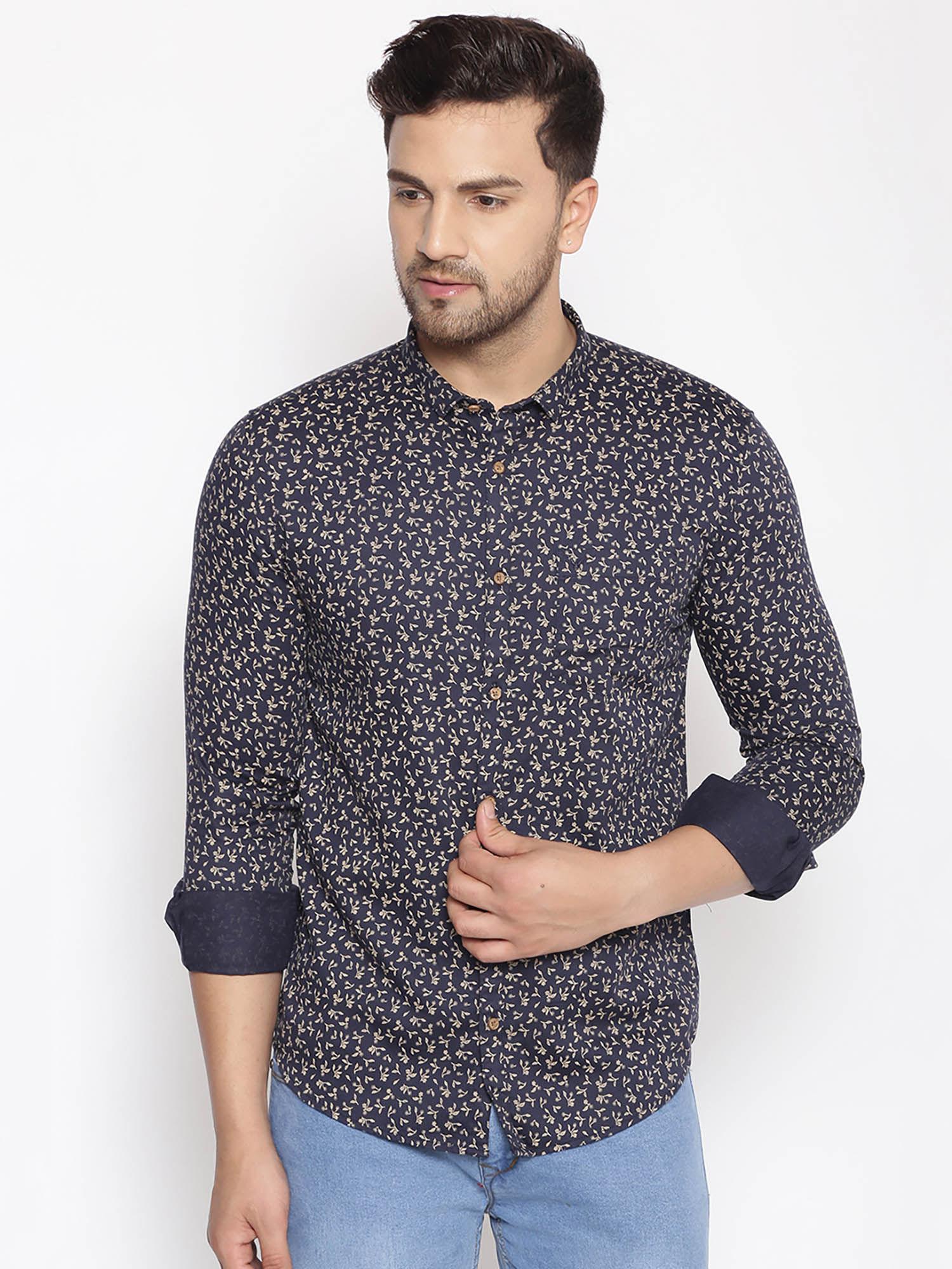 men's cotton navy printed slim fit shirt