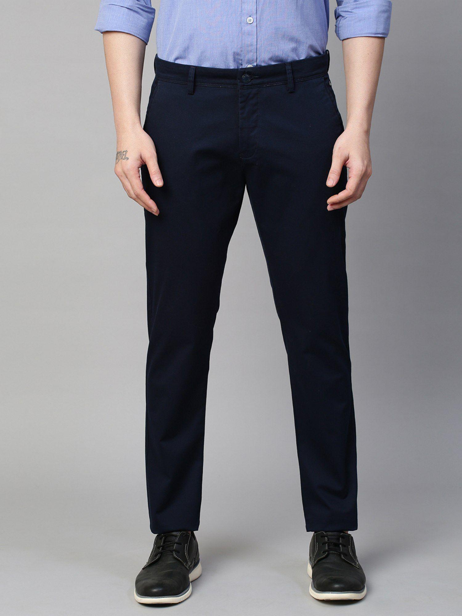 men's cotton stretch caribbean slim fit solid navy color trousers