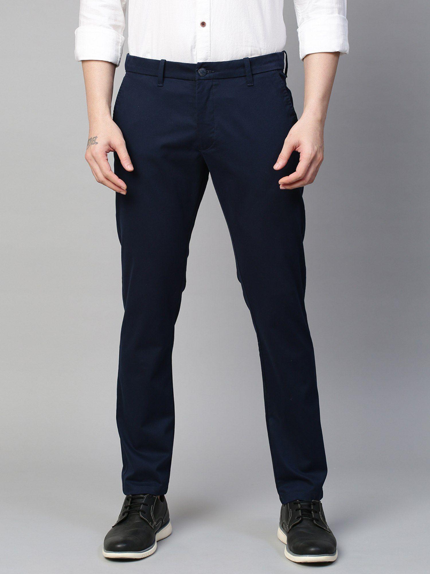 men's cotton stretch caribbean slim fit solid trousers - navy color