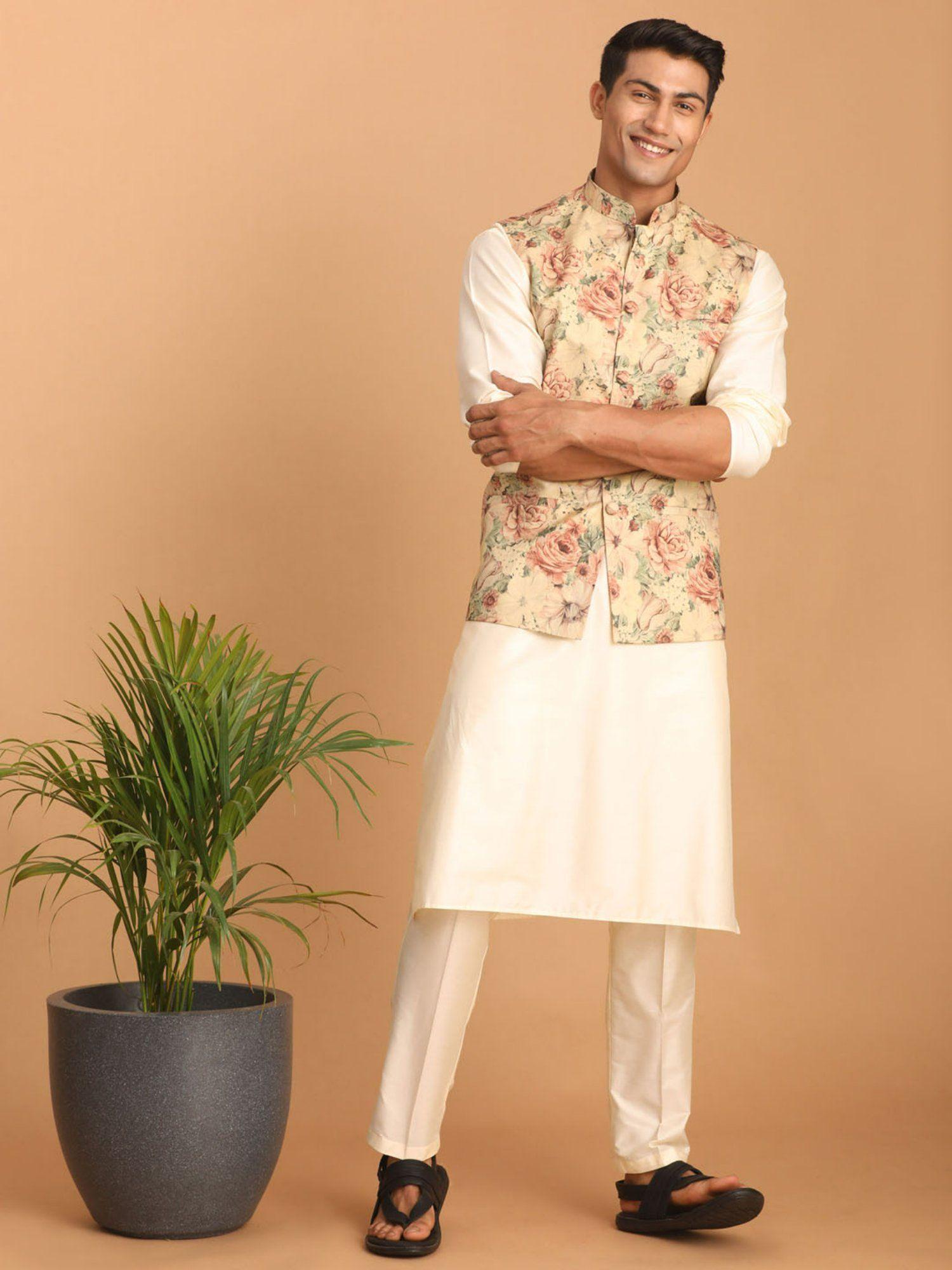 men's cream and brown silk blend jacket, kurta and pyjama (set of 3)