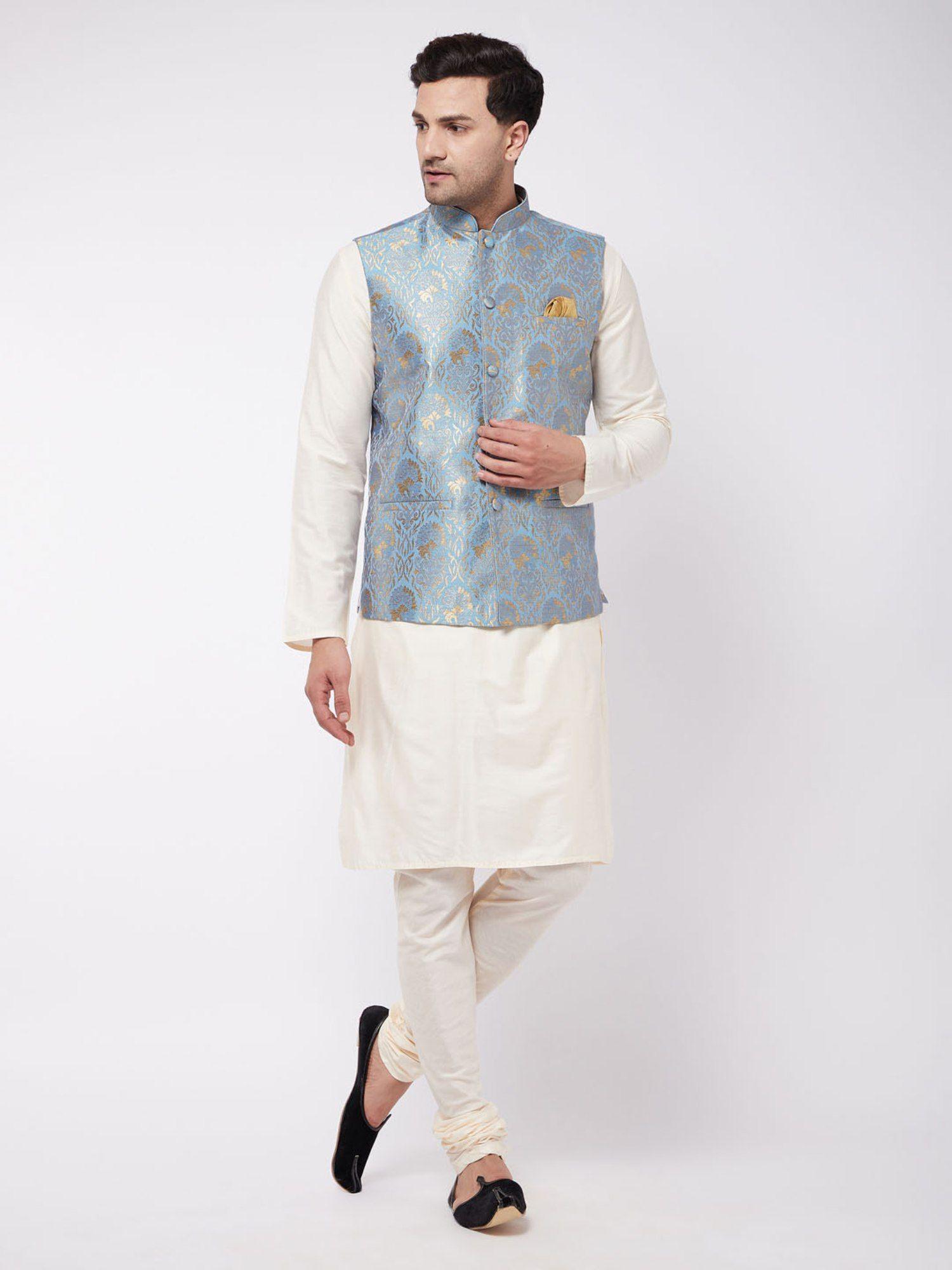 men's cream and grey viscose jacket, kurta and pyjama set (set of 3)