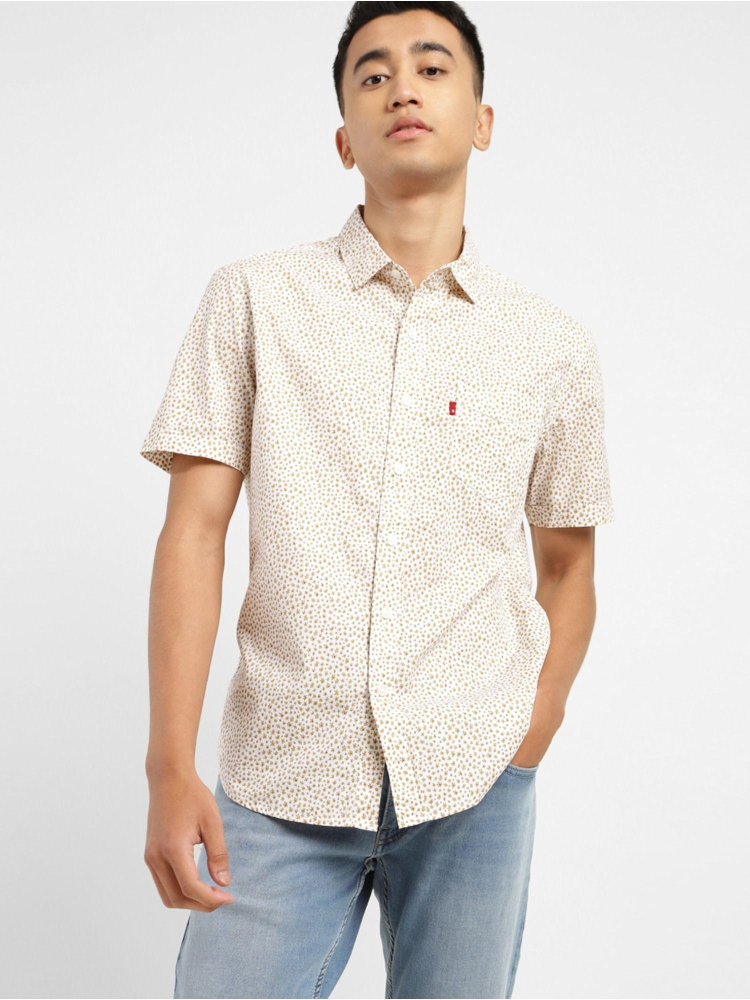 men's cream floral print slim fit shirt
