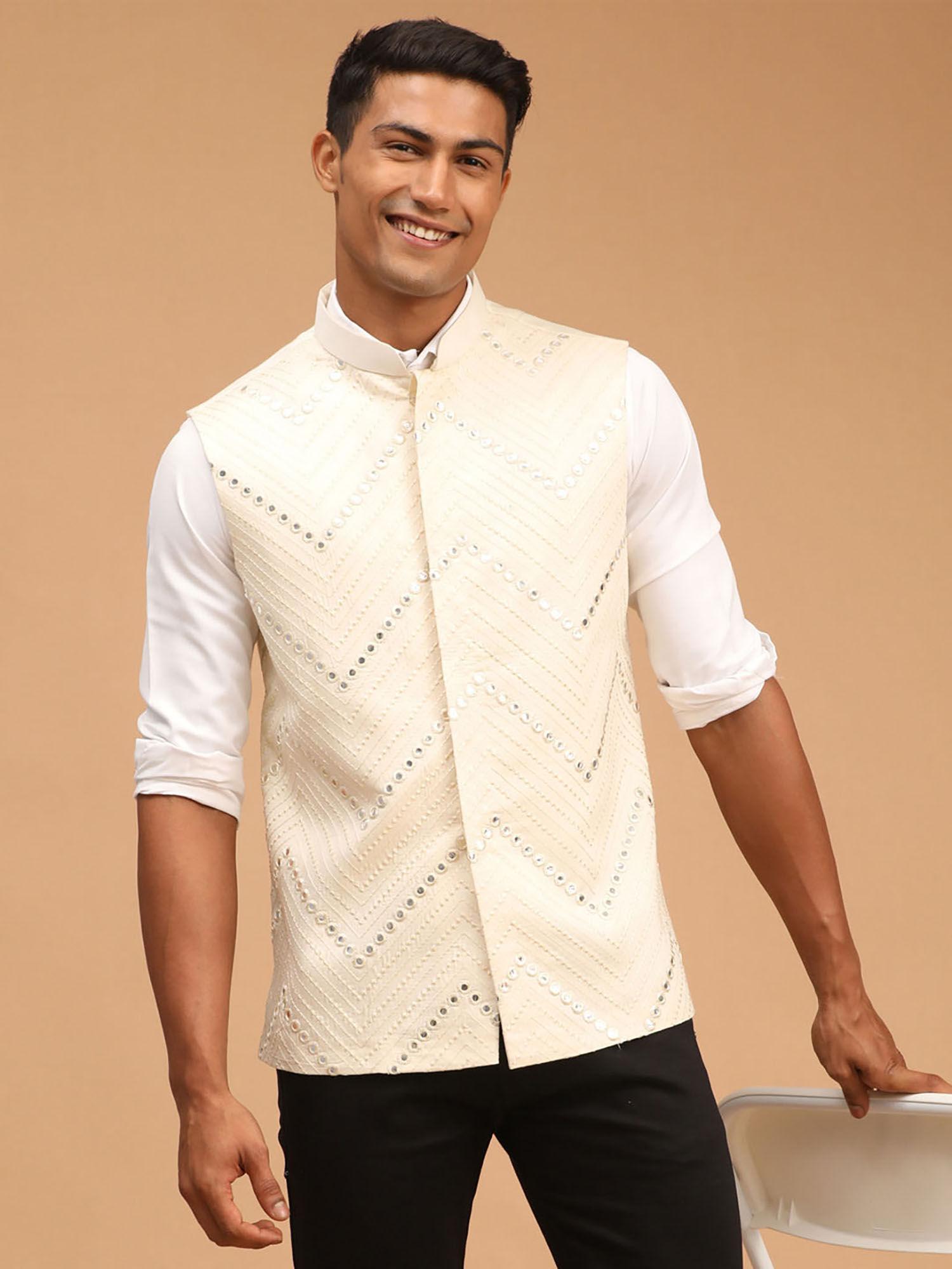 men's cream mirror work nehru jacket