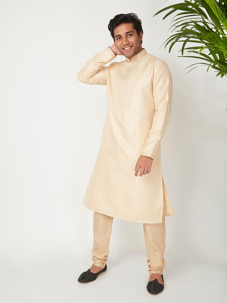 men's cream polyester cotton jacquard kurta churidar sets