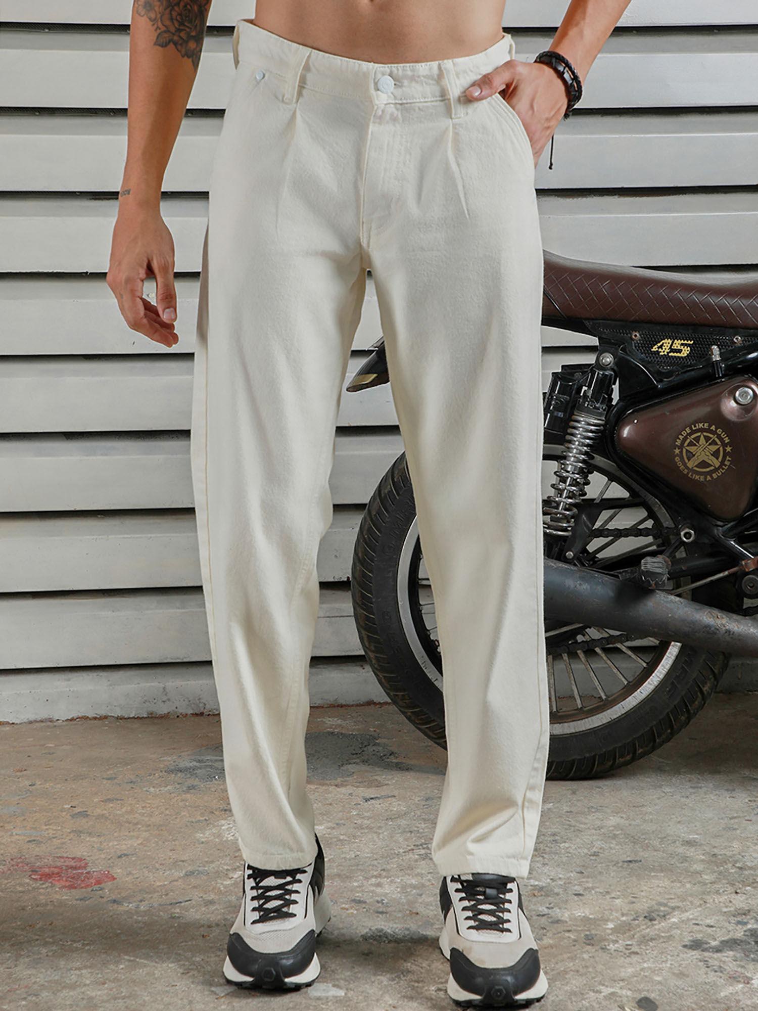 men's cream summer cotton tapered fit mid-rise jeans
