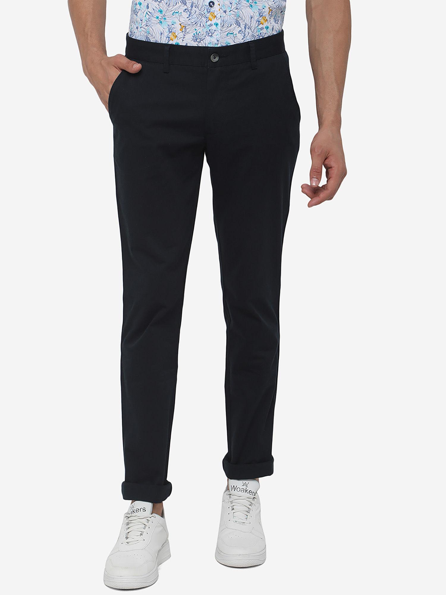 men's dark blue 100% cotton super slim fit solid casual trouser