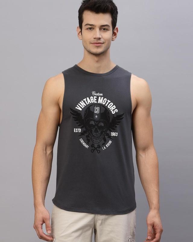 men's dark grey graphic printed slim fit vest