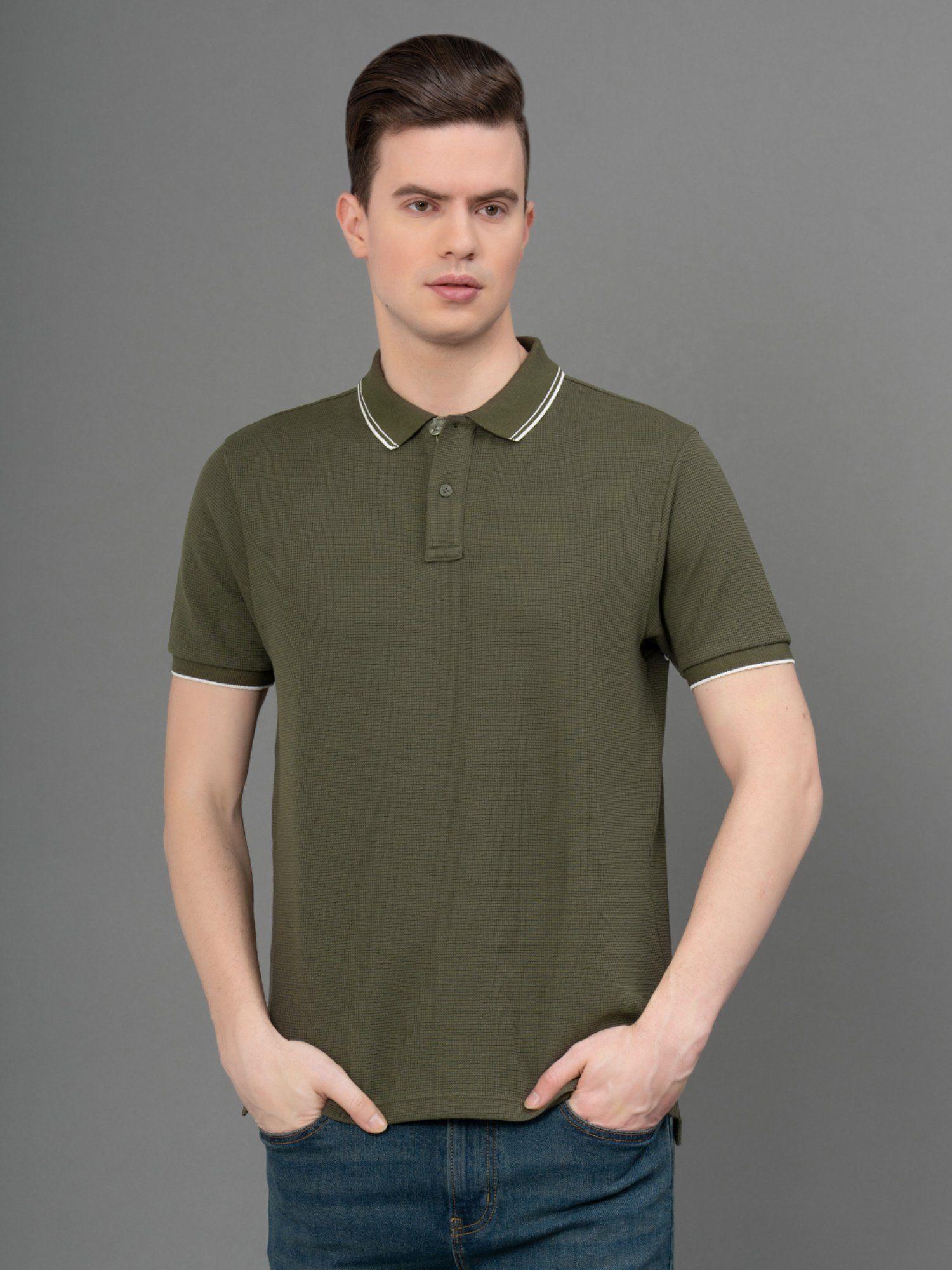 men's dark olive self design poly cotton elastane structured polo t-shirt