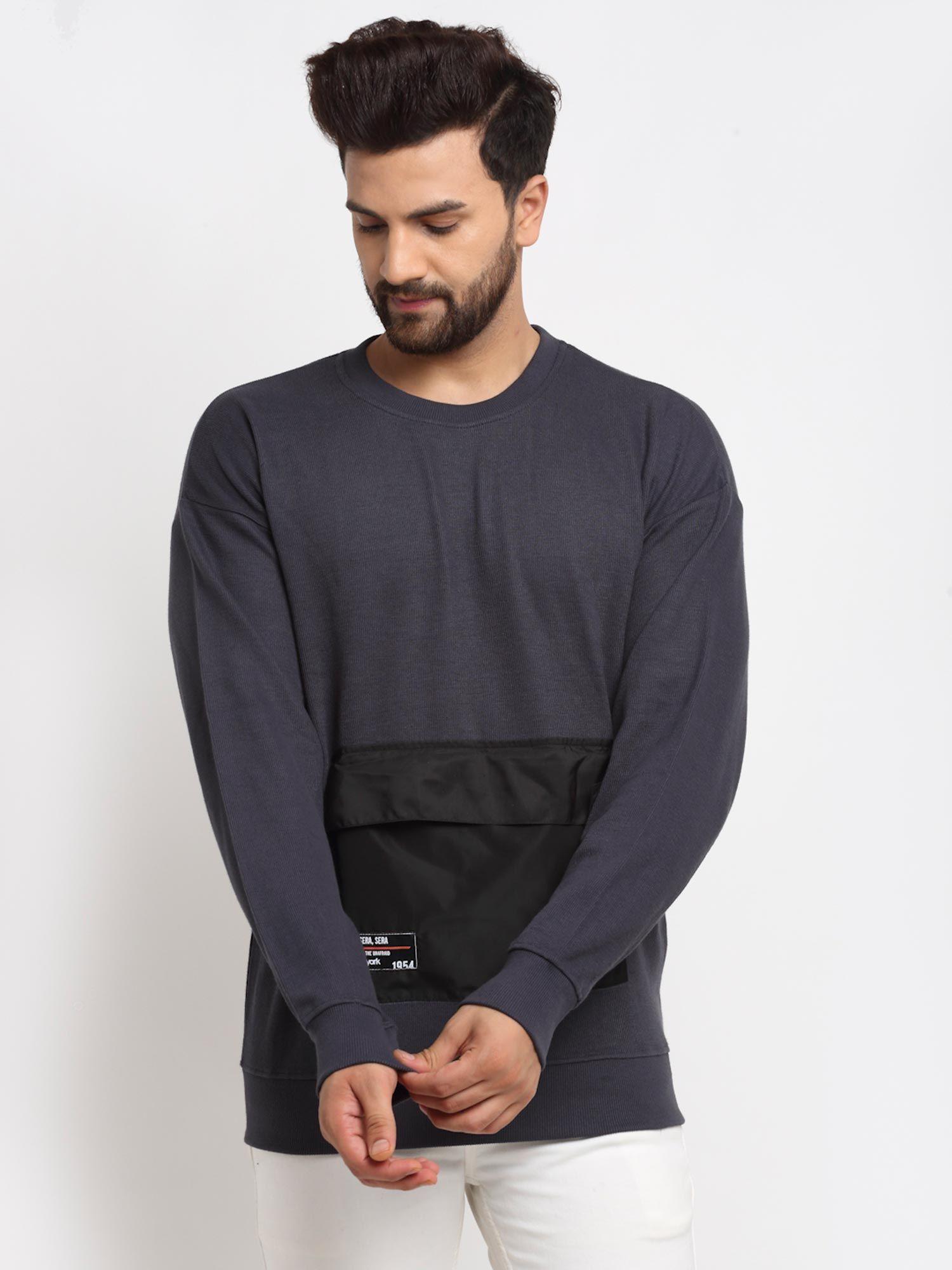 men's ebony full sleeve solid front pocket round neck sweatshirt