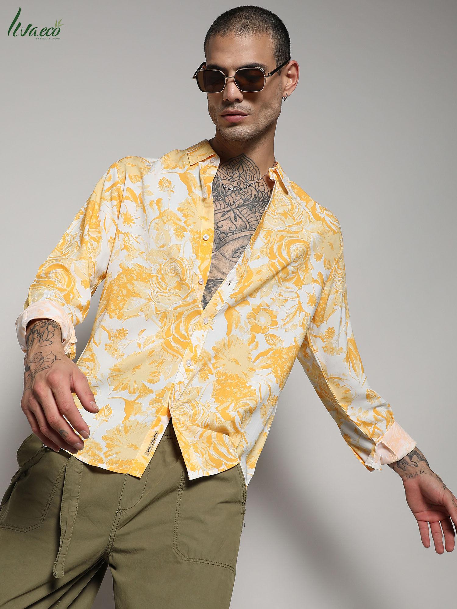 men's ecoliva yellow contrast botanical shirt