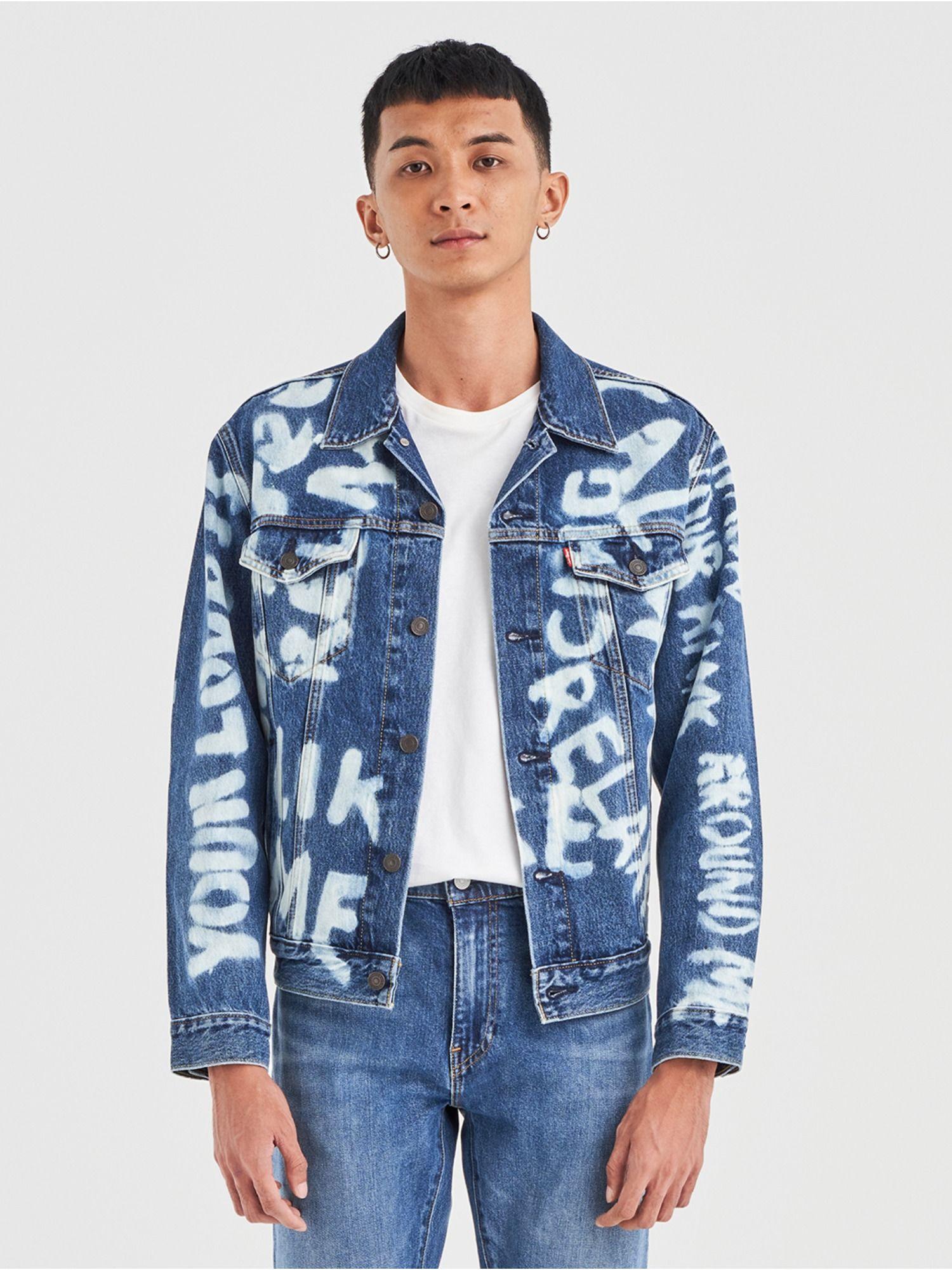 men's graphic print blue spread collar jackets