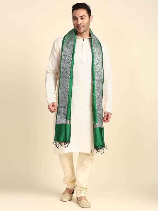 men's green & silver banarasi silk dupatta for kurta/sherwani/achkan