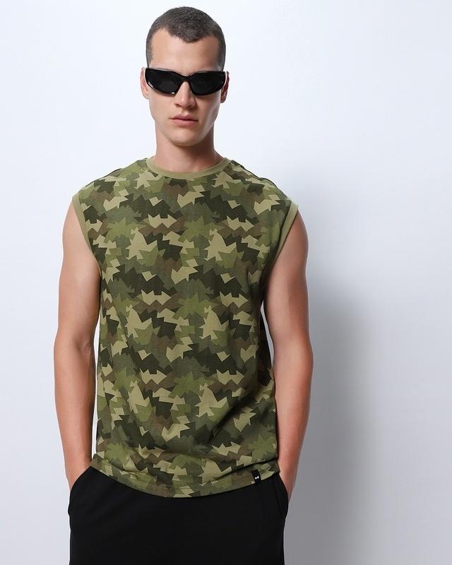 men's green all over printed oversized vest