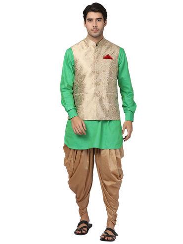 men's green cotton blend jacket, kurta and dhoti (set of 3)