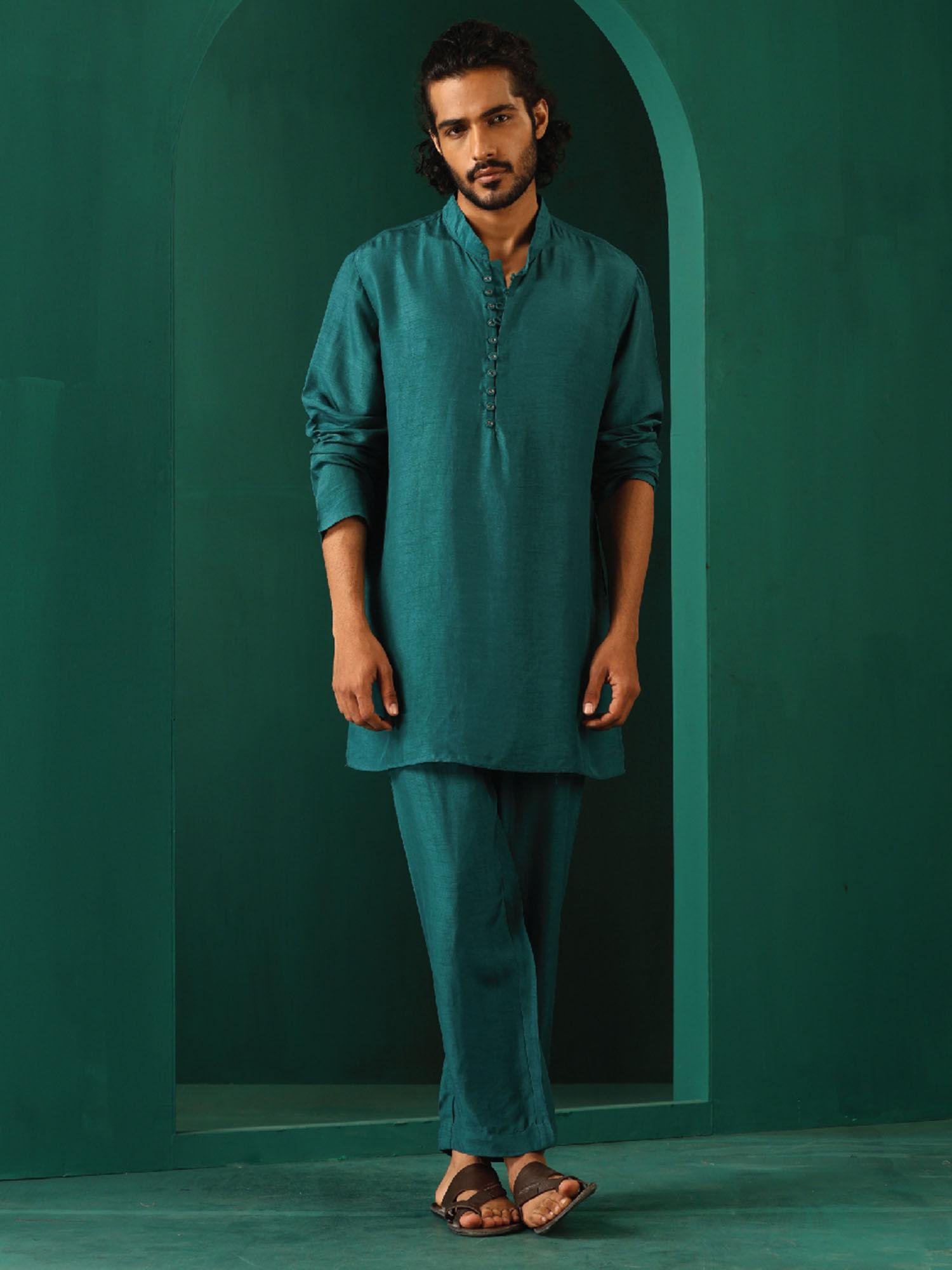 men's green solid kurta with pant (set of 2)