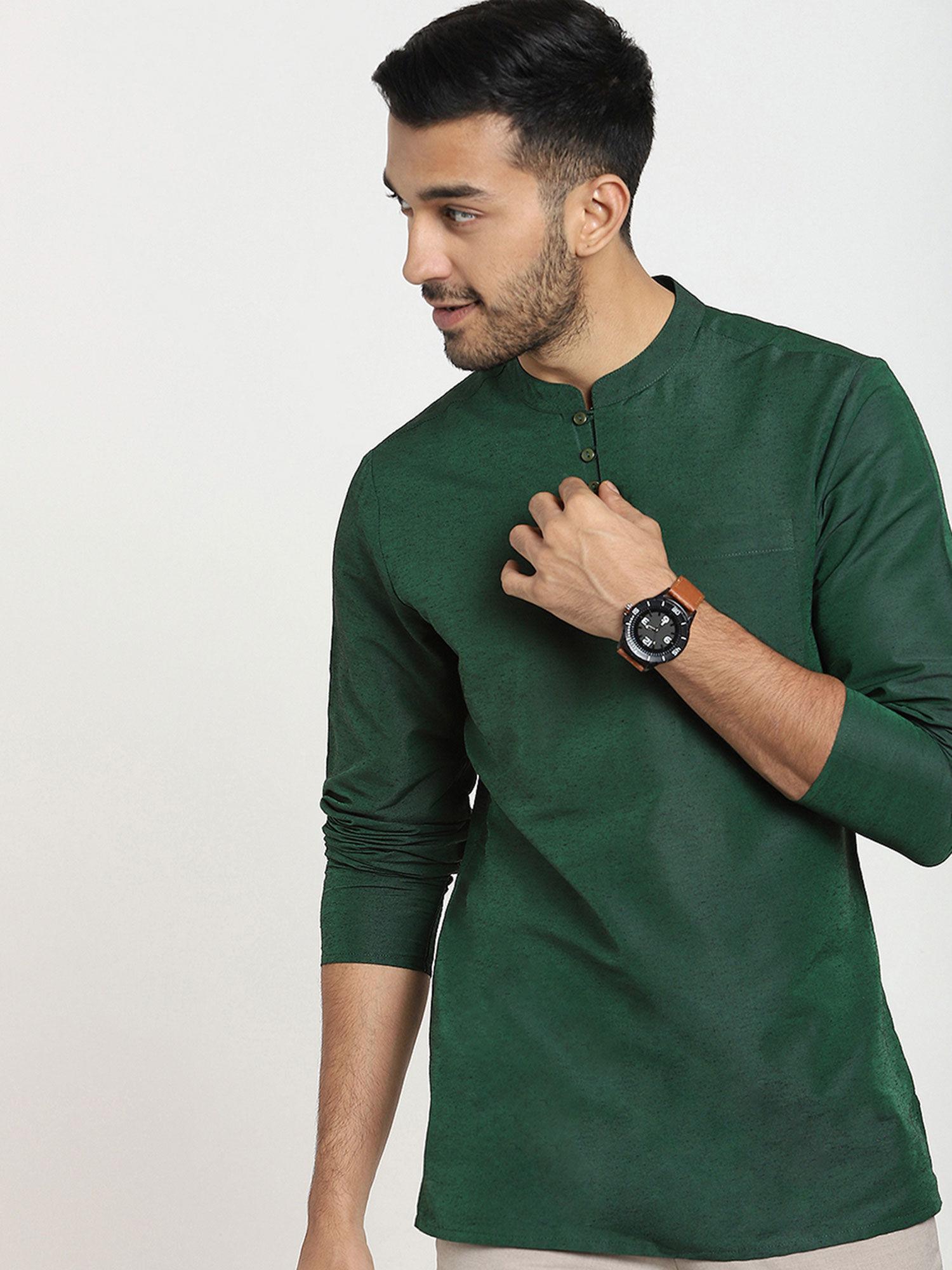 men's green solid kurta