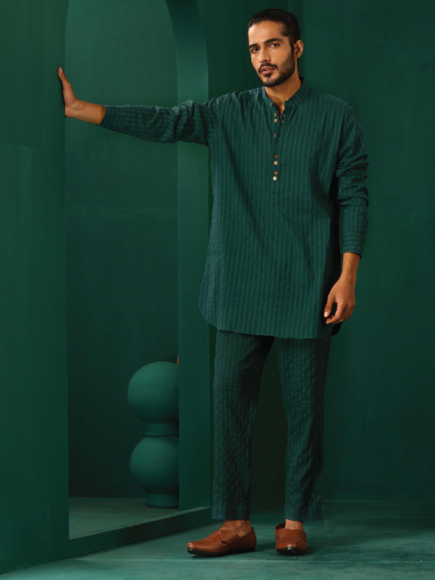 men's green stripes kurta with pant (set of 2)