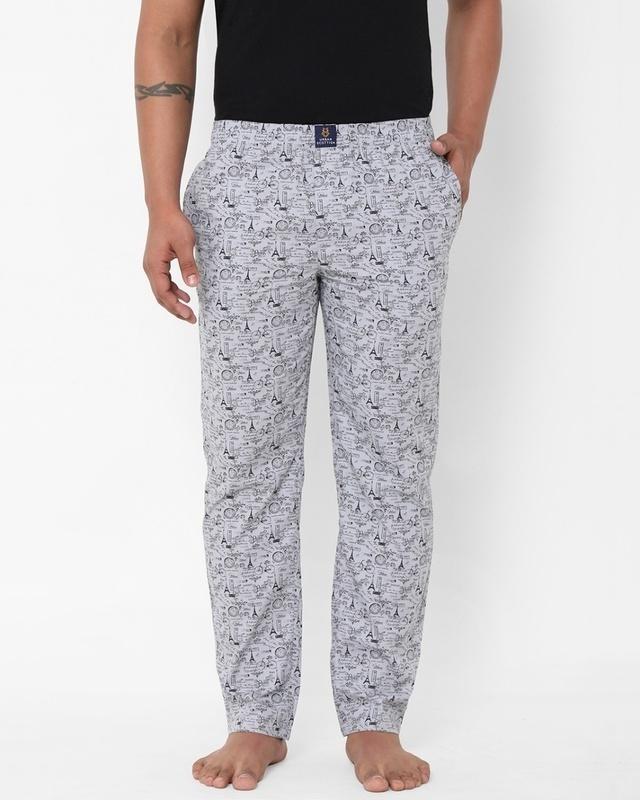 men's grey all over printed cotton lounge pants