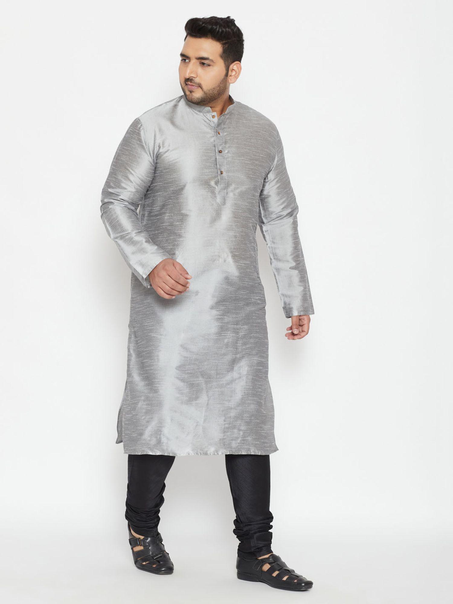 men's grey and black silk blend kurta pyjama (set of 2)